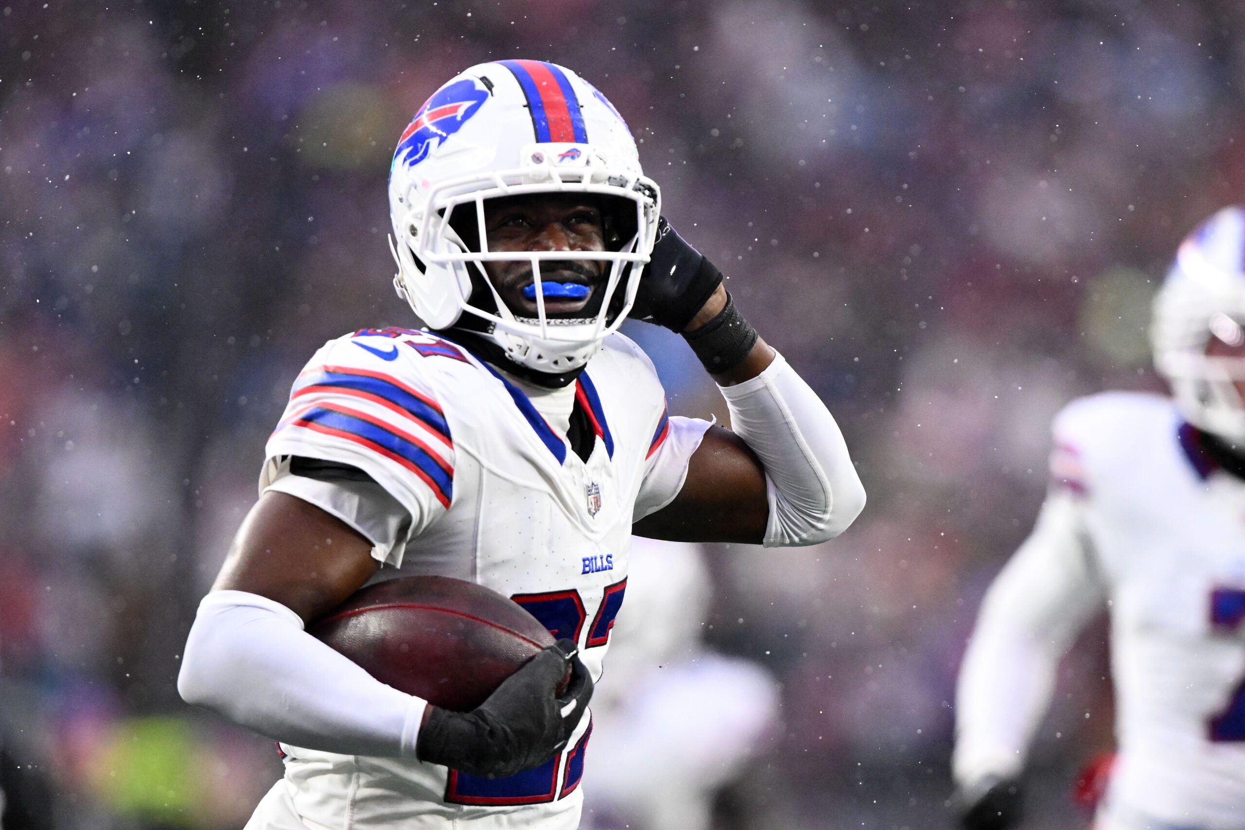 Dec 14, 2025; Foxborough, Massachusetts, USA; Buffalo Bills cornerback Tre'Davious White (27) reacts after intercepting a pass against the New England Patriots during the second half at Gillette Stadium.