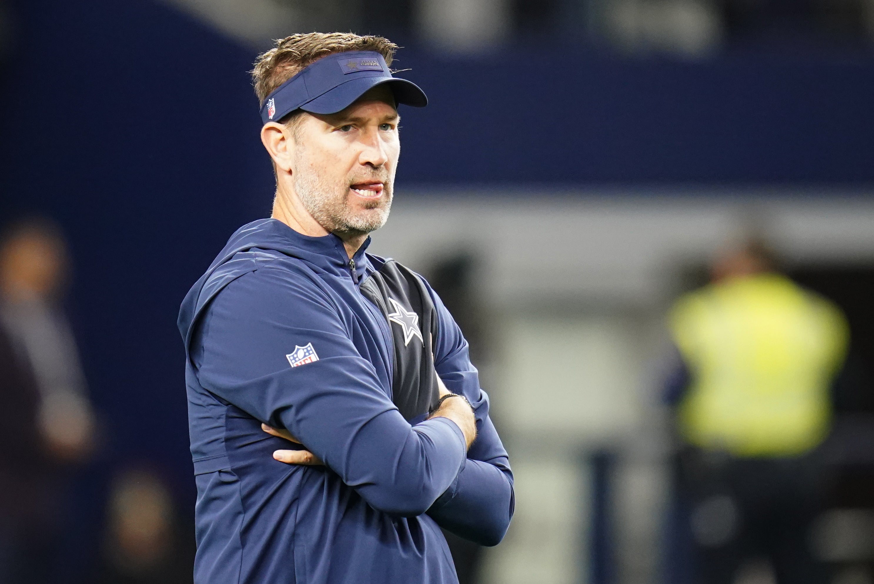 Dec 14, 2025; Arlington, Texas, USA; Dallas Cowboys head coach Brian Schottenheimer before a game against the Minnesota Vikings at AT&T Stadium.