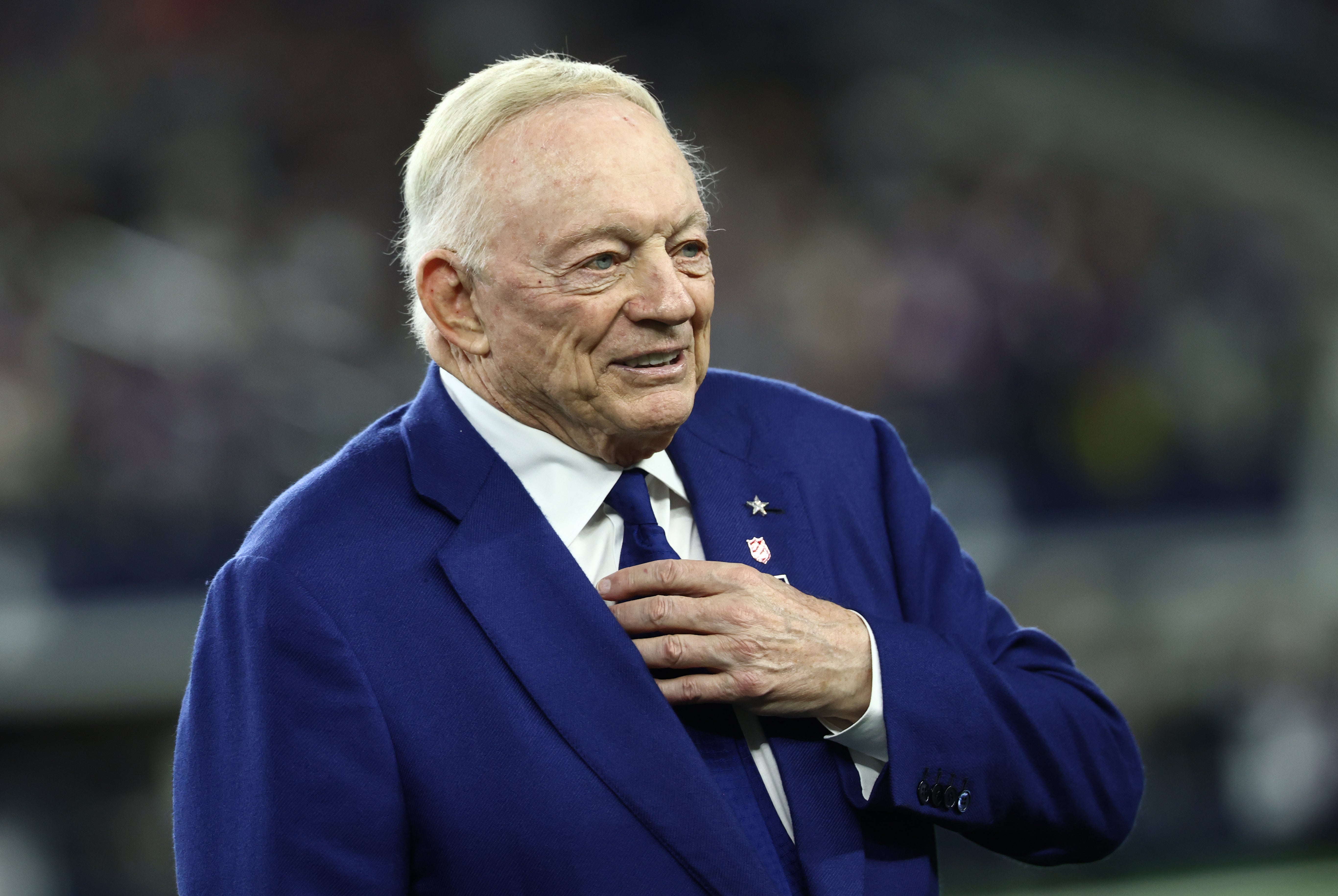 Dec 14, 2025; Arlington, Texas, USA; Dallas Cowboys owner Jerry Jones before a game against the Minnesota Vikings at AT&T Stadium.