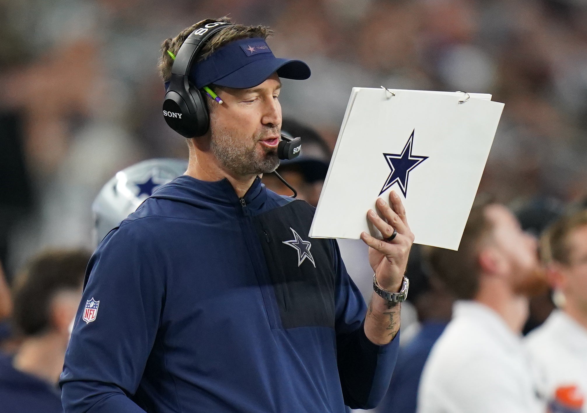 Dec 14, 2025; Arlington, Texas, USA; Dallas Cowboys head coach Brian Schottenheimer during the first half against the Minnesota Vikings at AT&T Stadium.