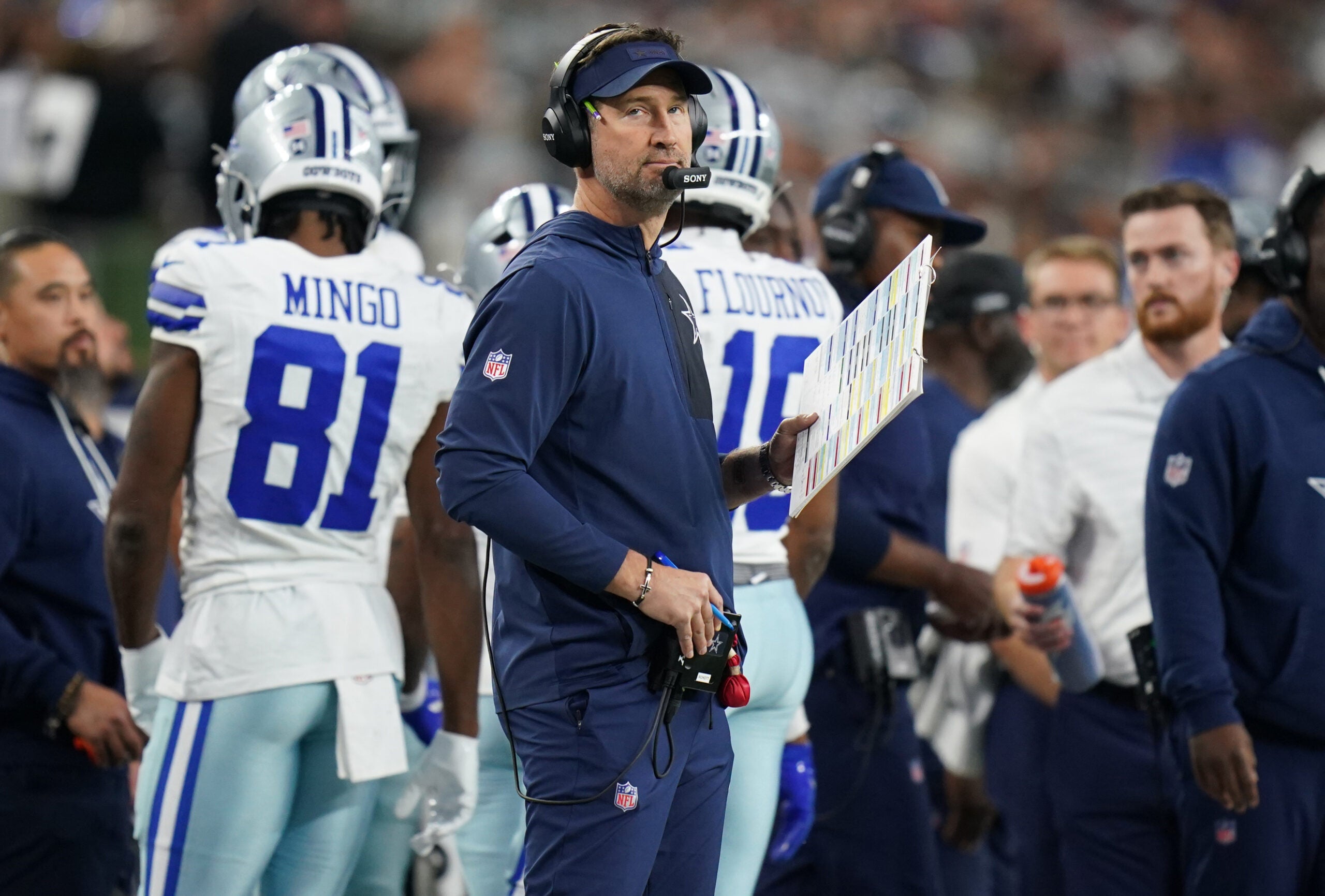 Dec 14, 2025; Arlington, Texas, USA; Dallas Cowboys head coach Brian Schottenheimer during the first half against the Minnesota Vikings at AT&T Stadium.