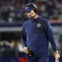 Dec 14, 2025; Arlington, Texas, USA; Dallas Cowboys head coach Brian Schottenheimer during the second half against the Minnesota Vikings at AT&T Stadium.