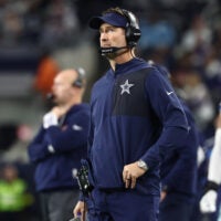 Dec 14, 2025; Arlington, Texas, USA; Dallas Cowboys head coach Brian Schottenheimer during the second half against the Minnesota Vikings at AT&T Stadium.