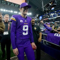 Dec 14, 2025; Arlington, Texas, USA; Minnesota Vikings quarterback J.J. McCarthy (9) leaves the field after a game against the Dallas Cowboys at AT&T Stadium.