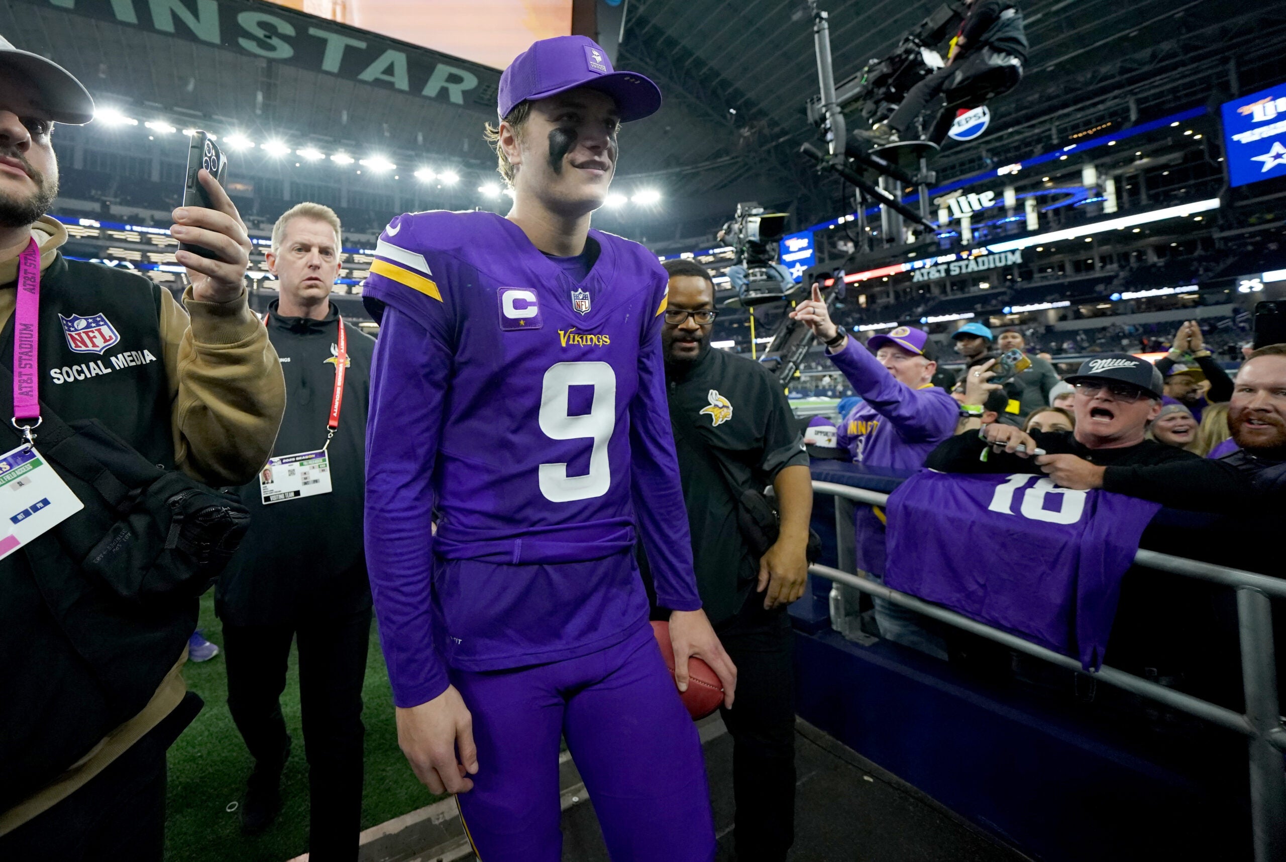 Dec 14, 2025; Arlington, Texas, USA; Minnesota Vikings quarterback J.J. McCarthy (9) leaves the field after a game against the Dallas Cowboys at AT&T Stadium.