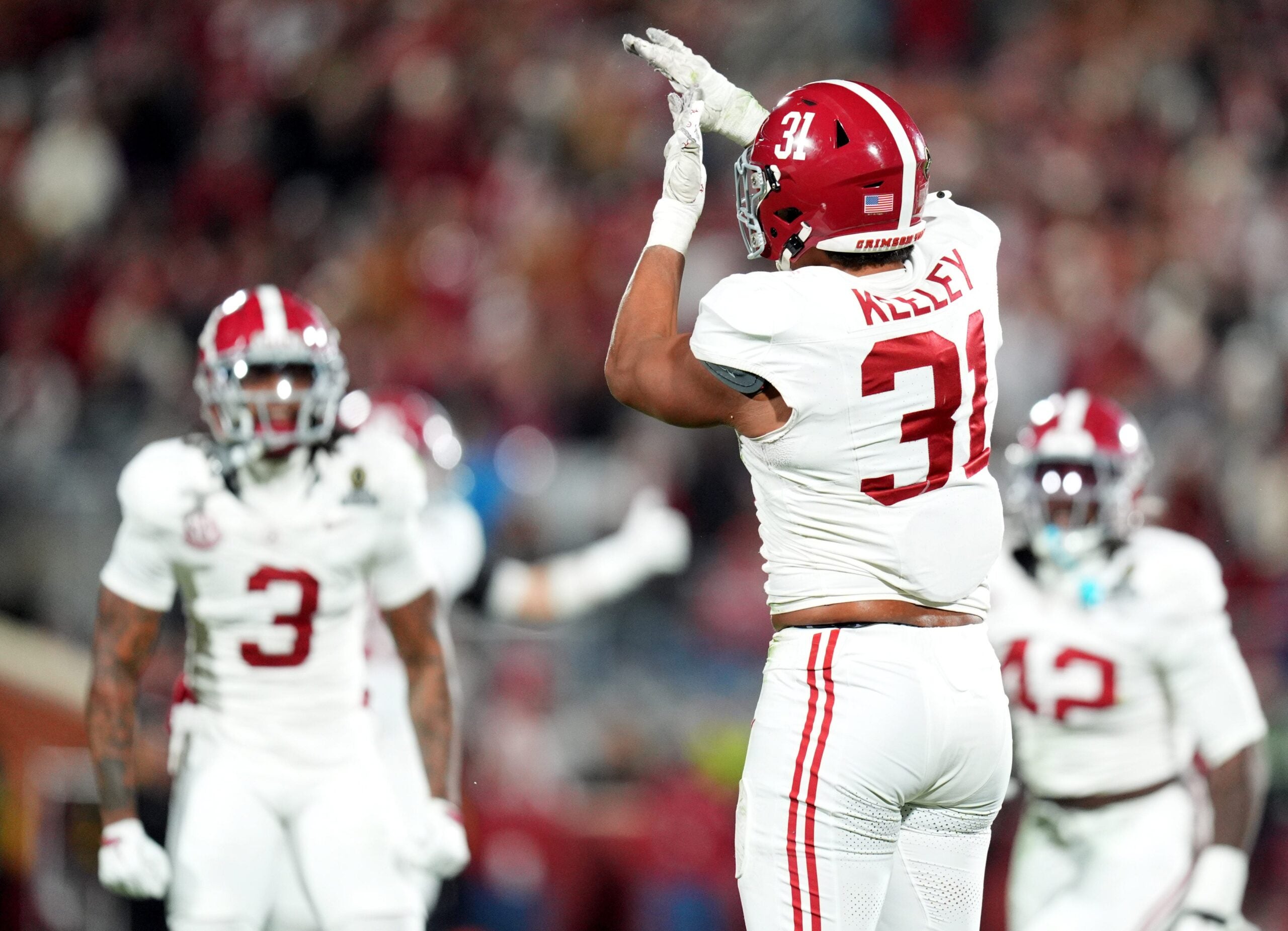 Alabama's Keon Keeley (31) celebrates a sack during the College Football Playoff game between the University of Oklahoma Sooners (OU) and the Alabama Crimson Tide at the Gaylord Family – Oklahoma Memorial Stadium in Norman, Okla., Friday Dec. 19, 2025.