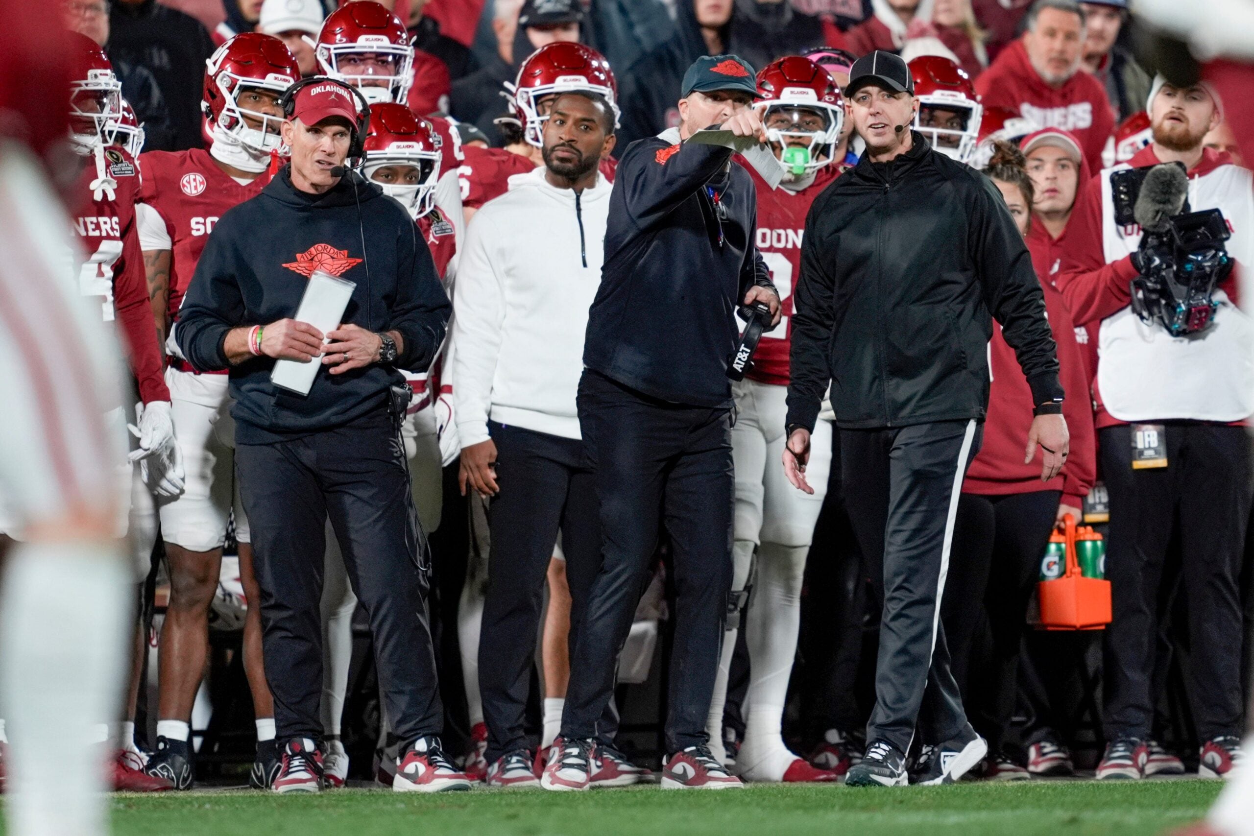 Oklahoma Sooners head coach Brent Venables defensive end Jake Kreul