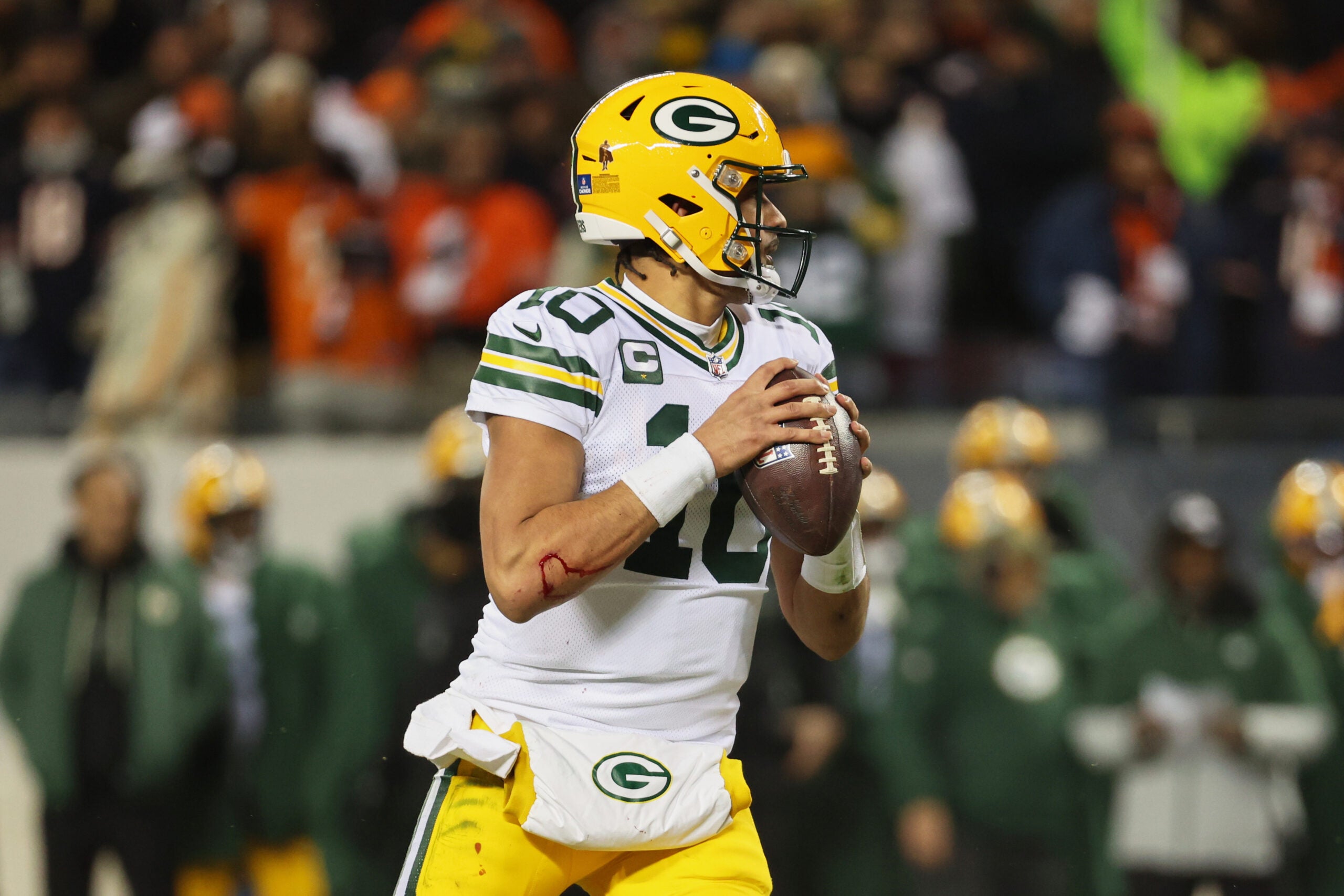 Dec 20, 2025; Chicago, Illinois, USA; Green Bay Packers quarterback Jordan Love (10) looks to throw a pass against the Chicago Bears during the second quarter at Soldier Field.