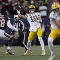 Green Bay Packers quarterback Jordan Love (10) throws downfield during the first quarter of their game against the Chicago Bears Saturday, December 20, 2025 at Soldier Field in Chicago, Illinois.