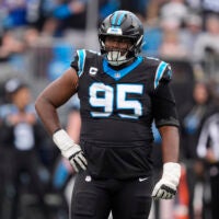 Dec 21, 2025; Charlotte, North Carolina, USA; Carolina Panthers defensive end Derrick Brown (95) during the first half against the Tampa Bay Buccaneers at Bank of America Stadium.
