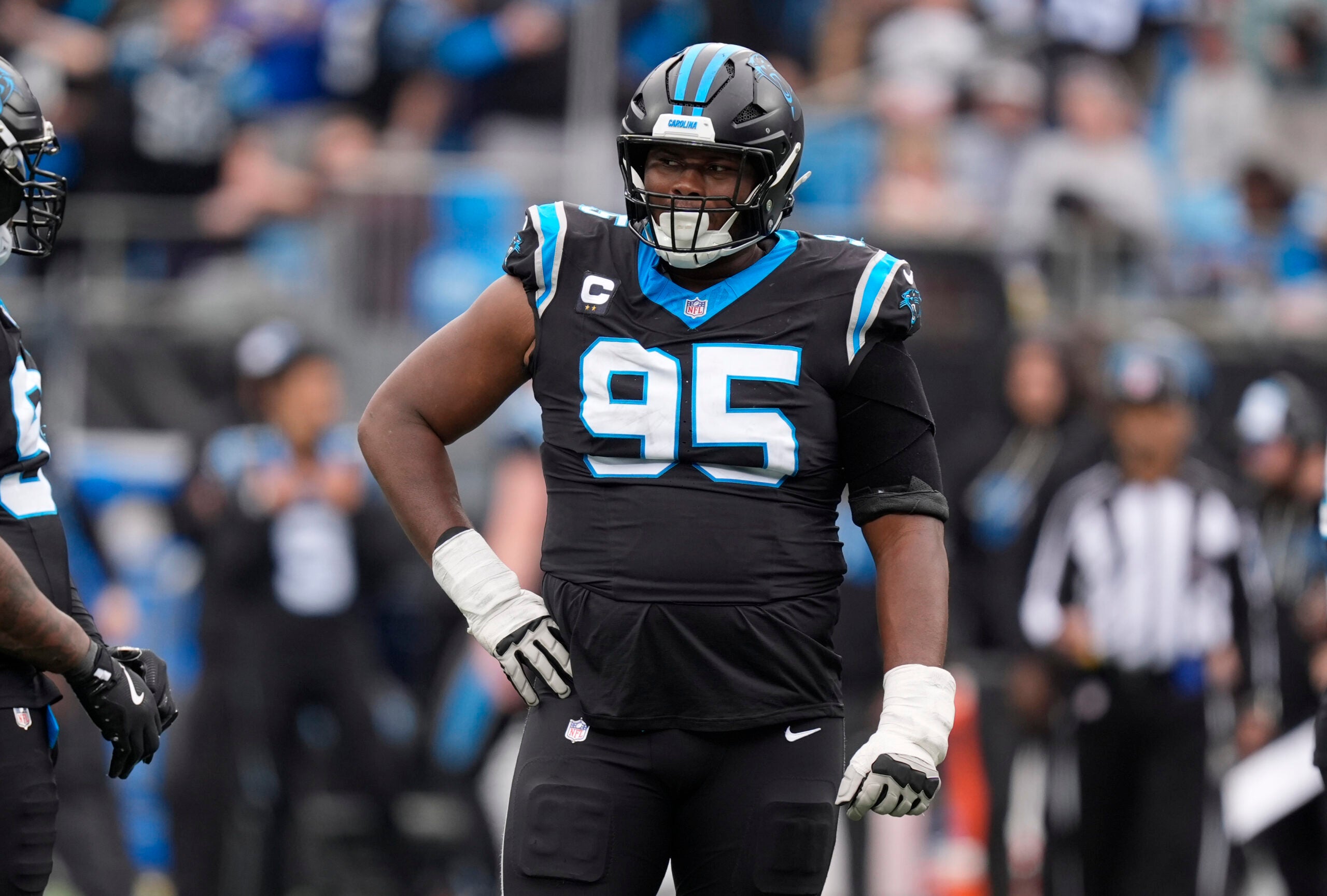 Dec 21, 2025; Charlotte, North Carolina, USA; Carolina Panthers defensive end Derrick Brown (95) during the first half against the Tampa Bay Buccaneers at Bank of America Stadium.