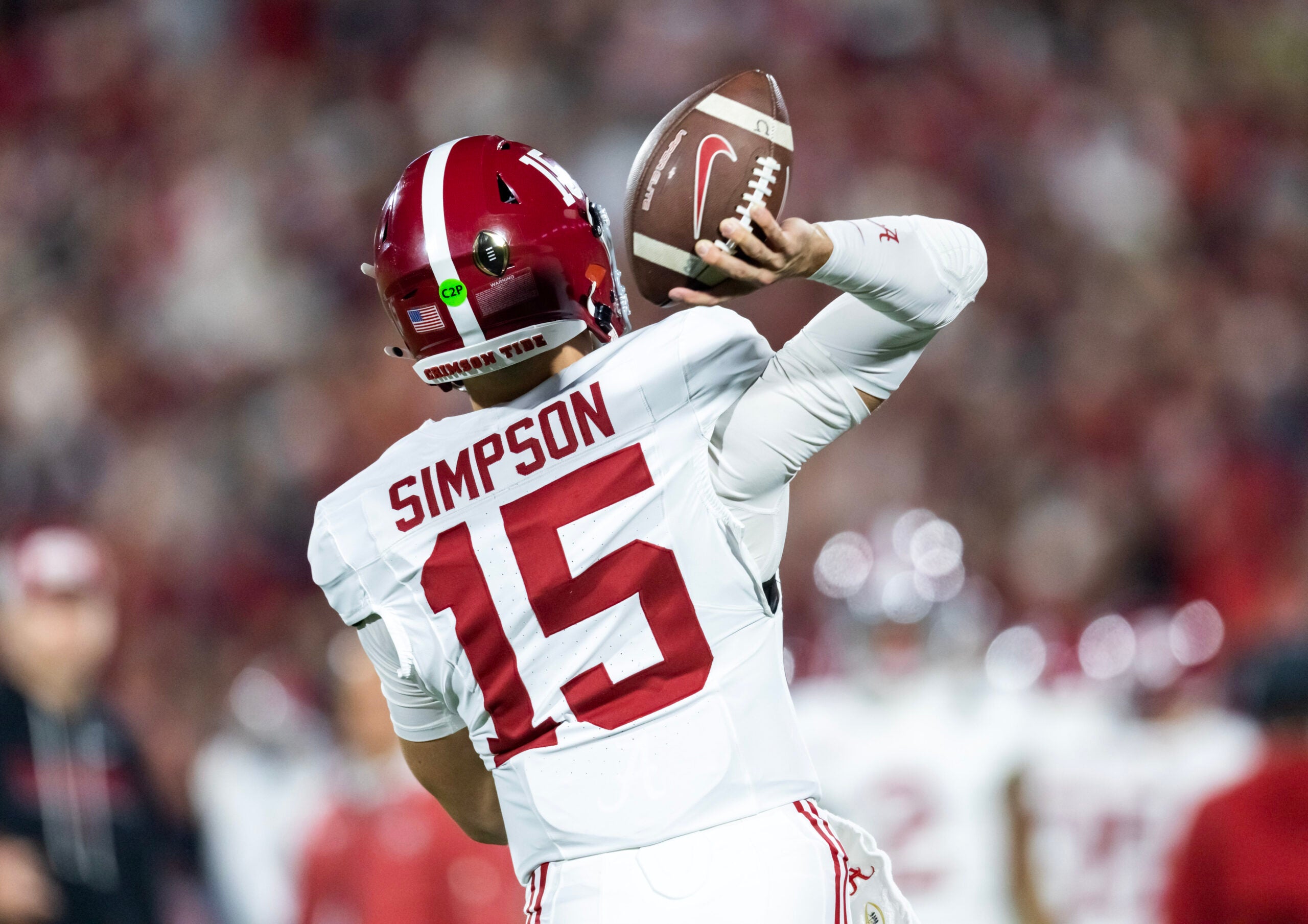 Dec 19, 2025; Norman, OK, USA; Detailed view of the jersey of Alabama Crimson Tide quarterback Ty Simpson (15) against the Oklahoma Sooners during the CFP National Playoff First Round at Gaylord Family Oklahoma Memorial Stadium