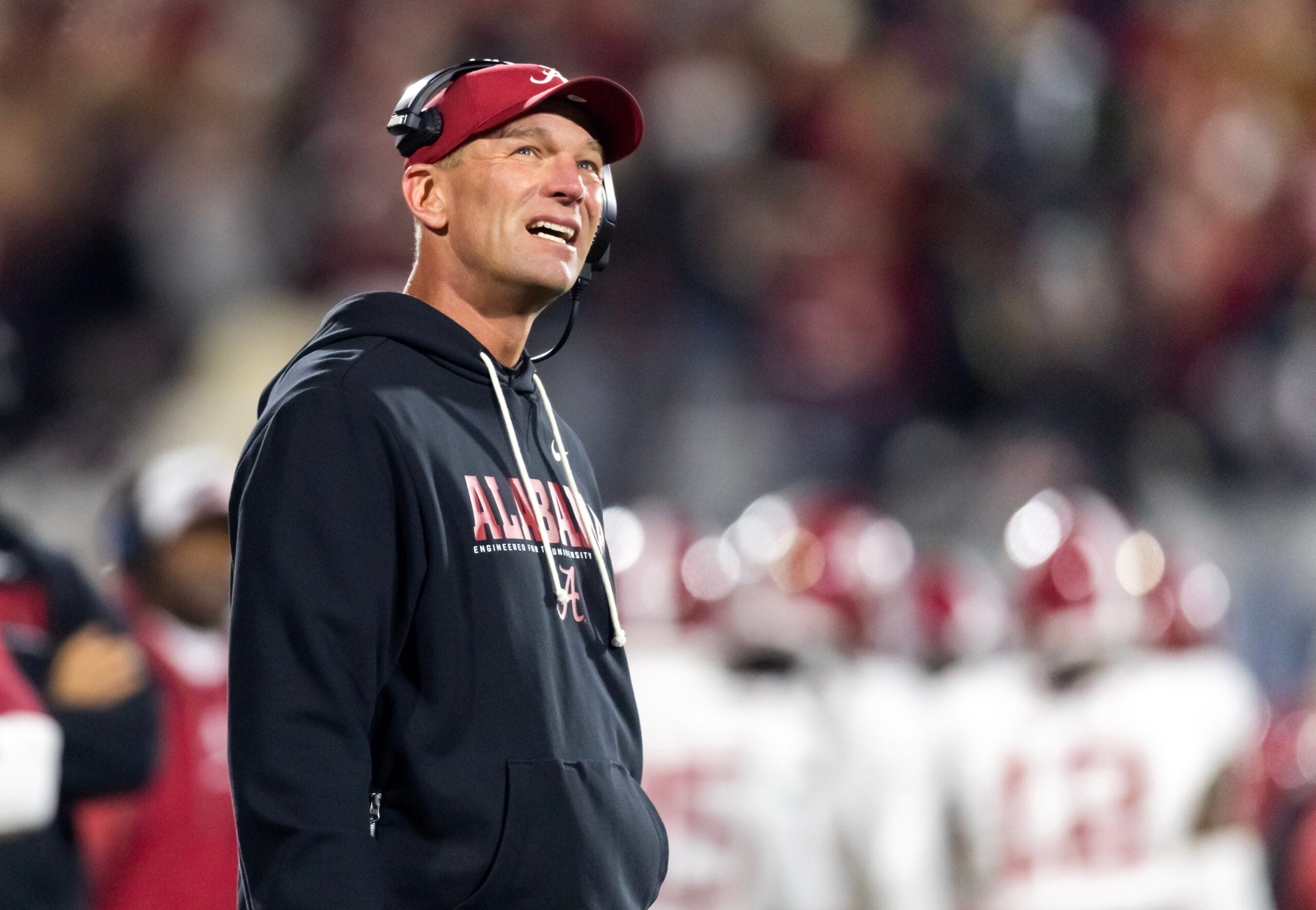 Dec 19, 2025; Norman, OK, USA; Alabama Crimson Tide head coach Kalen Deboer against the Oklahoma Sooners during the CFP National Playoff First Round at Gaylord Family Oklahoma Memorial Stadium.