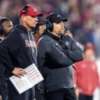Dec 19, 2025; Norman, OK, USA; Alabama Crimson Tide head coach Kalen Deboer (left) and defensive coordinator Kane Wommack against the Oklahoma Sooners during the CFP National Playoff First Round at Gaylord Family Oklahoma Memorial Stadium.