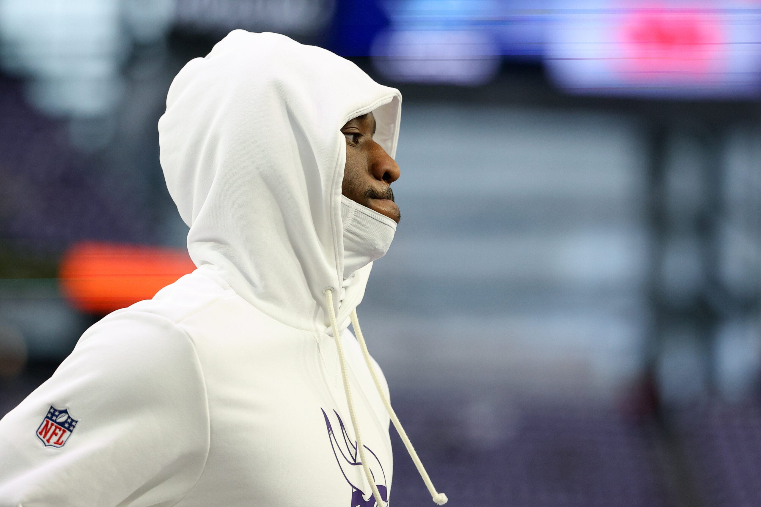 Dec 25, 2025; Minneapolis, Minnesota, USA; Minnesota Vikings wide receiver Jordan Addison (3) looks on during warmups before the game against the Detroit Lions at U.S. Bank Stadium.