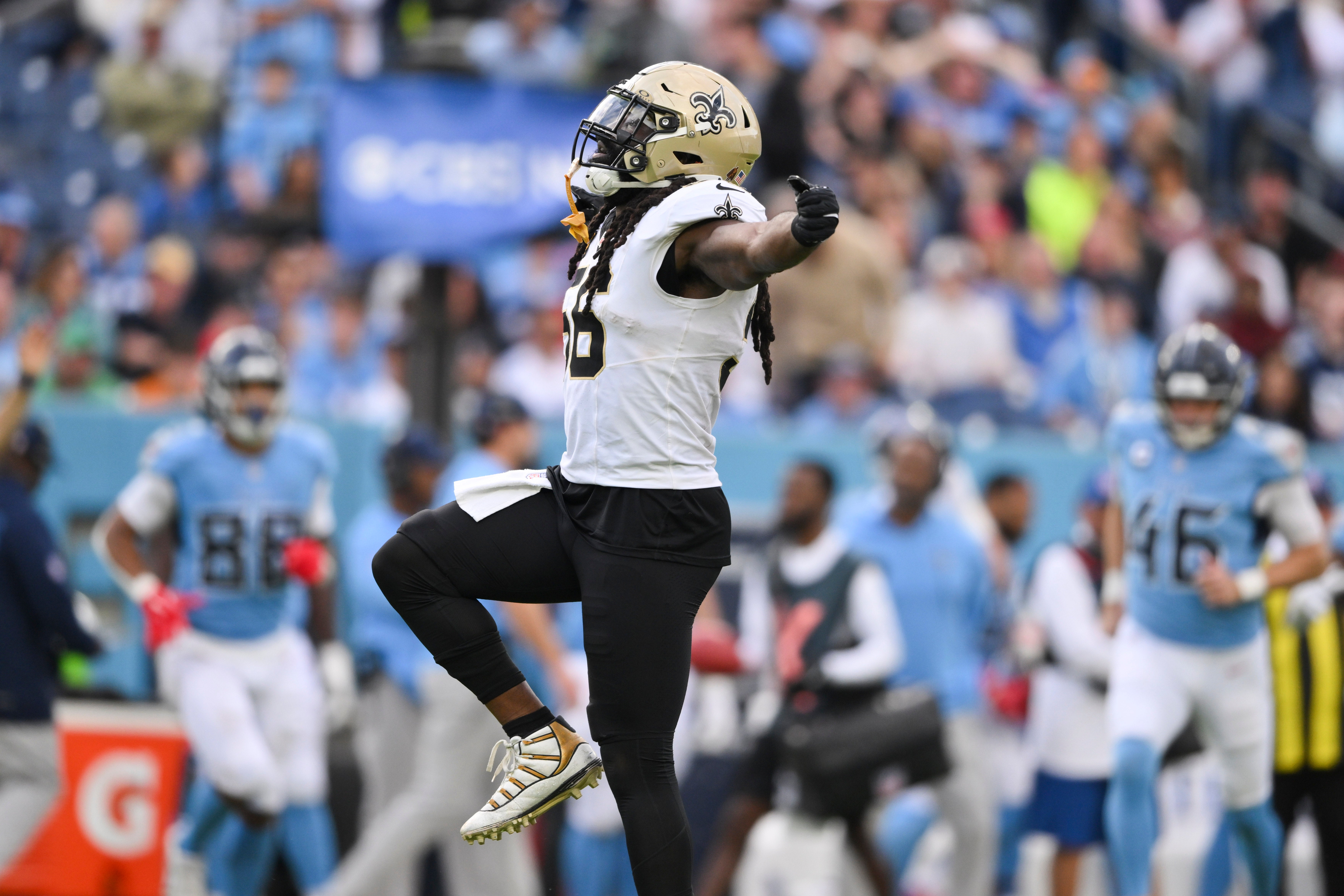Dec 28, 2025; Nashville, Tennessee, USA; New Orleans Saints linebacker Demario Davis (56) celebrates a sack against the Tennessee Titans during the second half of the game at Nissan Stadium.