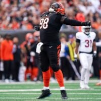 Cincinnati Bengals defensive tackle T.J. Slaton Jr. (98) reacts after a sack in the third quarter of a NFL game between the Cincinnati Bengals and Arizona Cardinals, Sunday, Dec. 28, 2025, at Paycor Stadium in downtown Cincinnati. Bengals won 37-14.