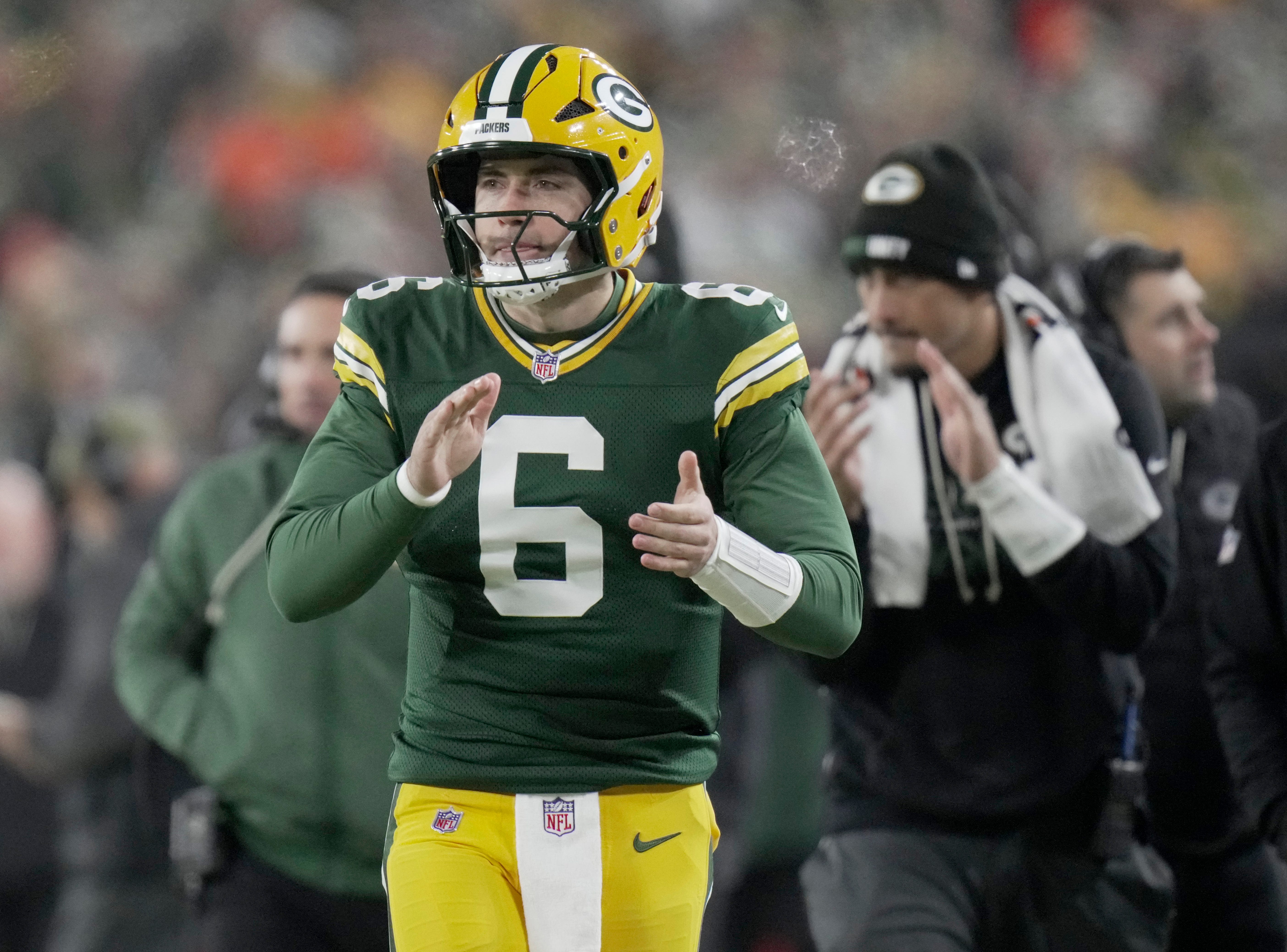 Green Bay Packers quarterback Clayton Tune (6) is shown during the first quarter of their game -against the Baltimore Ravens Saturday, December 27, 2025 at Lambeau Field in Green Bay, Wisconsin.