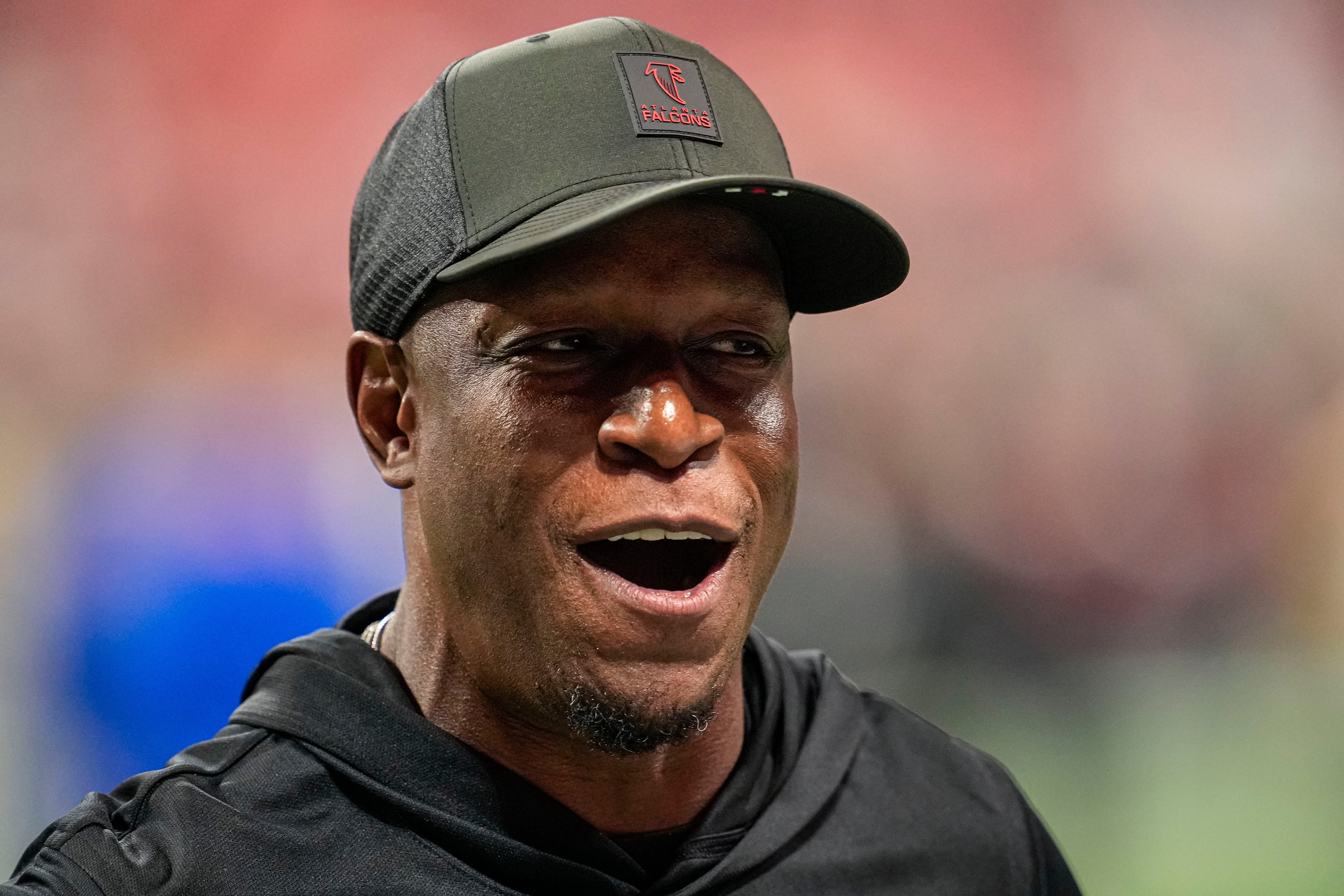 Dec 29, 2025; Atlanta, Georgia, USA; Atlanta Falcons head coach Raheem Morris shown on the field prior to the game against the Los Angeles Rams at Mercedes-Benz Stadium.