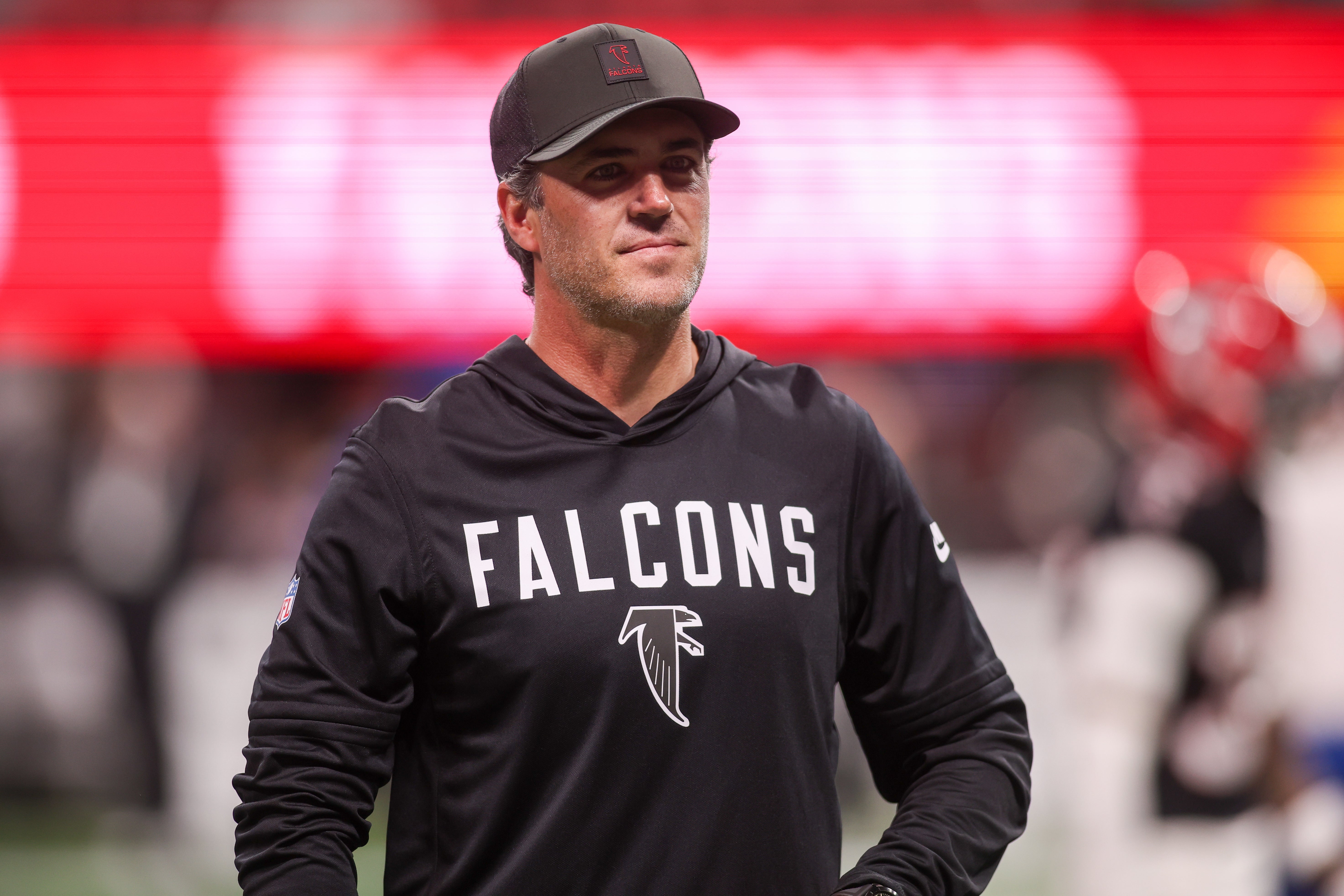 Dec 29, 2025; Atlanta, Georgia, USA; Atlanta Falcons offensive coordinator Zac Robinson on the field before a game against the Los Angeles Rams at Mercedes-Benz Stadium.