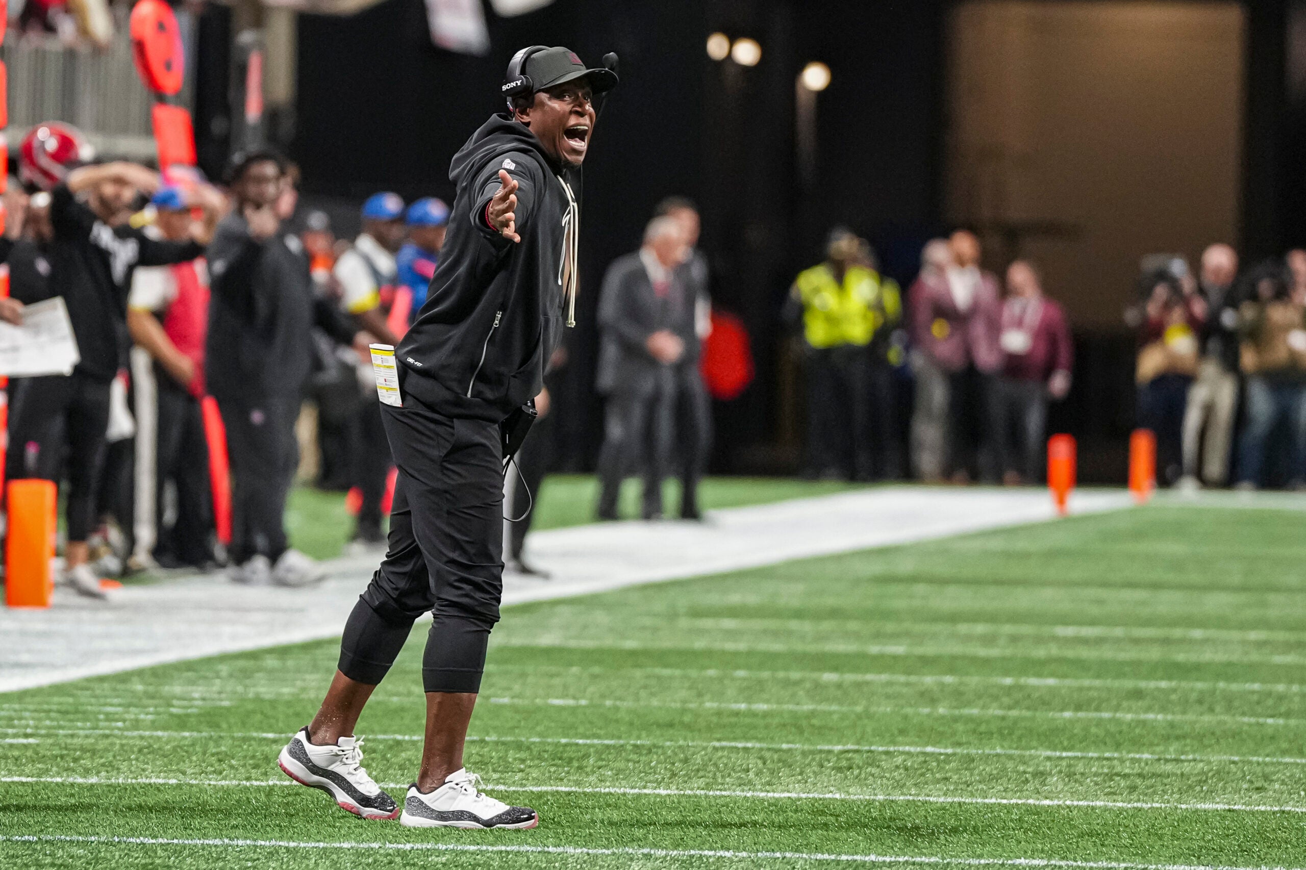 Dec 29, 2025; Atlanta, Georgia, USA; Atlanta Falcons head coach Raheem Morris reacts during the game against the Los Angeles Rams during the second half at Mercedes-Benz Stadium.
