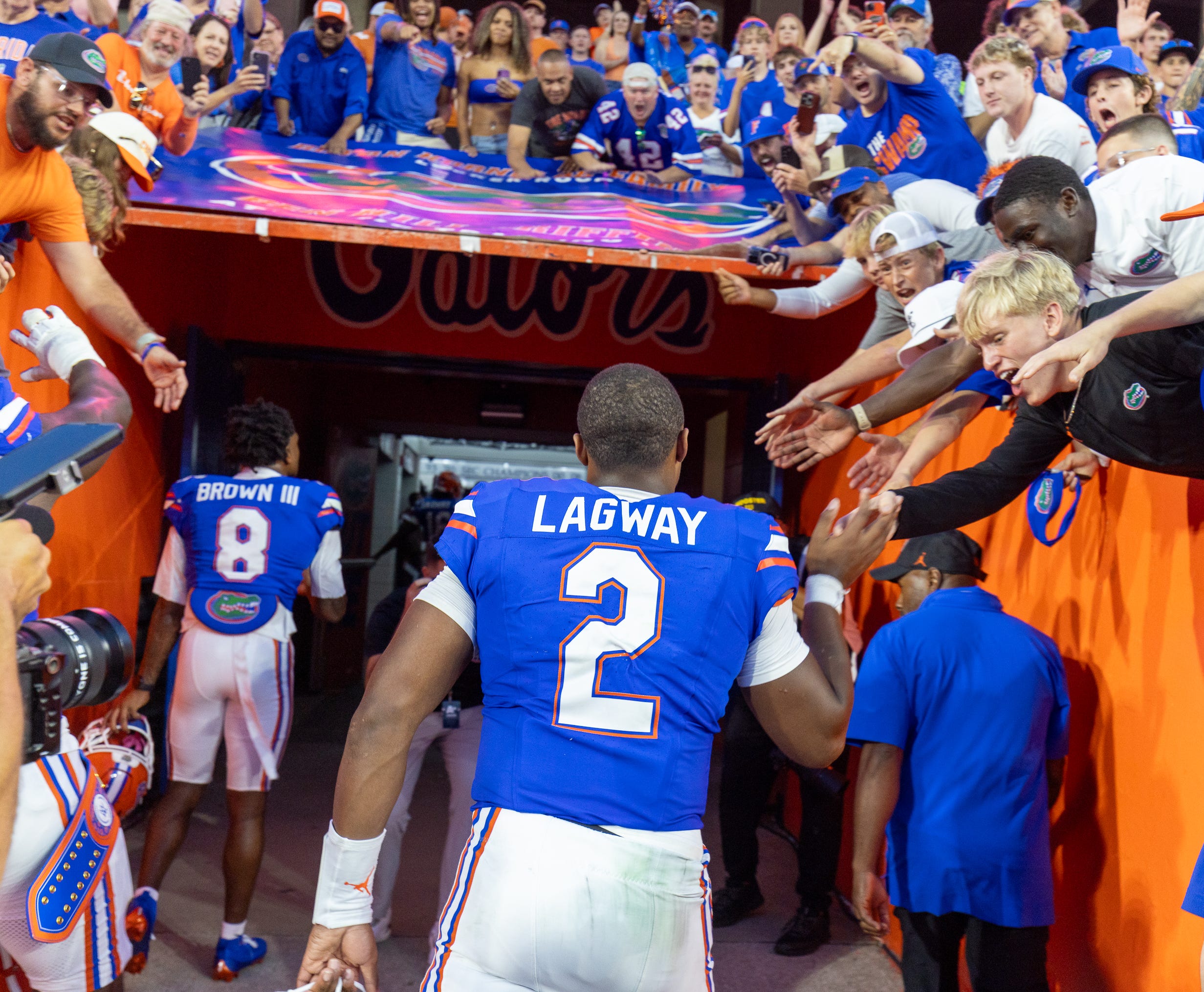 Florida quarterback DJ Lagway (2) greets fans after beating Texas 29-21 on Oct. 4, 2025, at Ben Hill Griffin Stadium Gainesville,.