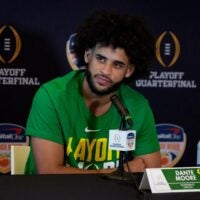 Oregon quarterback Dante Moore speaks during the Oregon Ducks media day ahead of Orange Bowl on Dec. 30, 2025, at Hard Rock Stadium in Miami, Florida.