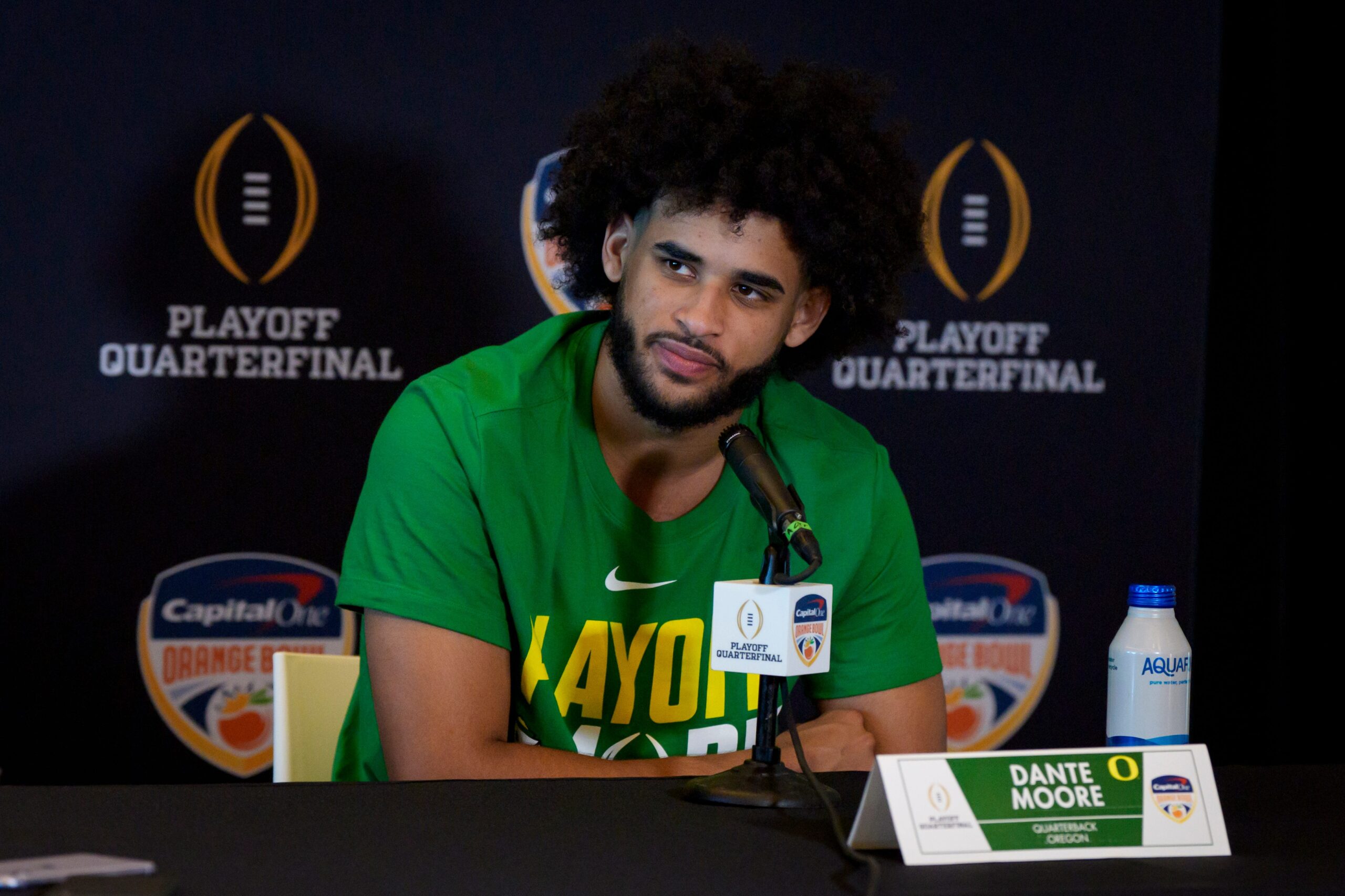 Oregon quarterback Dante Moore speaks during the Oregon Ducks media day ahead of Orange Bowl on Dec. 30, 2025, at Hard Rock Stadium in Miami, Florida.