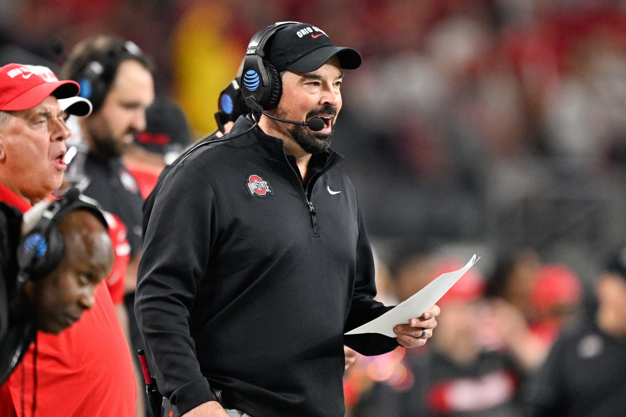 Dec 31, 2025; Arlington, TX, USA; Ohio State Buckeyes head coach Ryan Day reacts in the second quarter against the Miami Hurricanes during the 2025 Cotton Bowl and quarterfinal game of the College Football Playoff at AT&T Stadium.