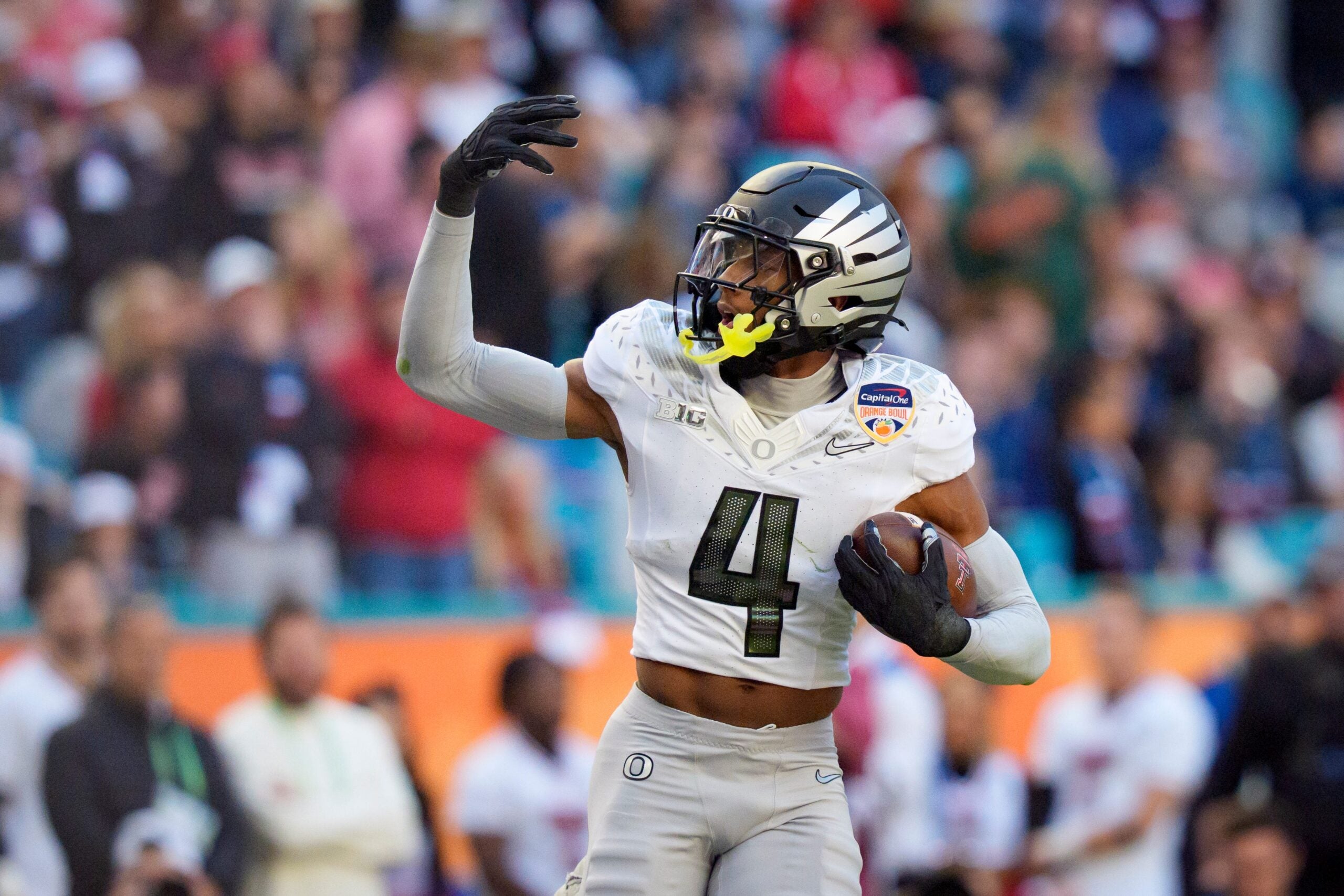 Oregon defensive back Brandon Finney Jr. celebrates an interception as the Oregon Ducks take on the Texas Tech Red Raiders in the Orange Bowl on Jan. 1, 2026, at Hard Rock Stadium in Miami, Florida.