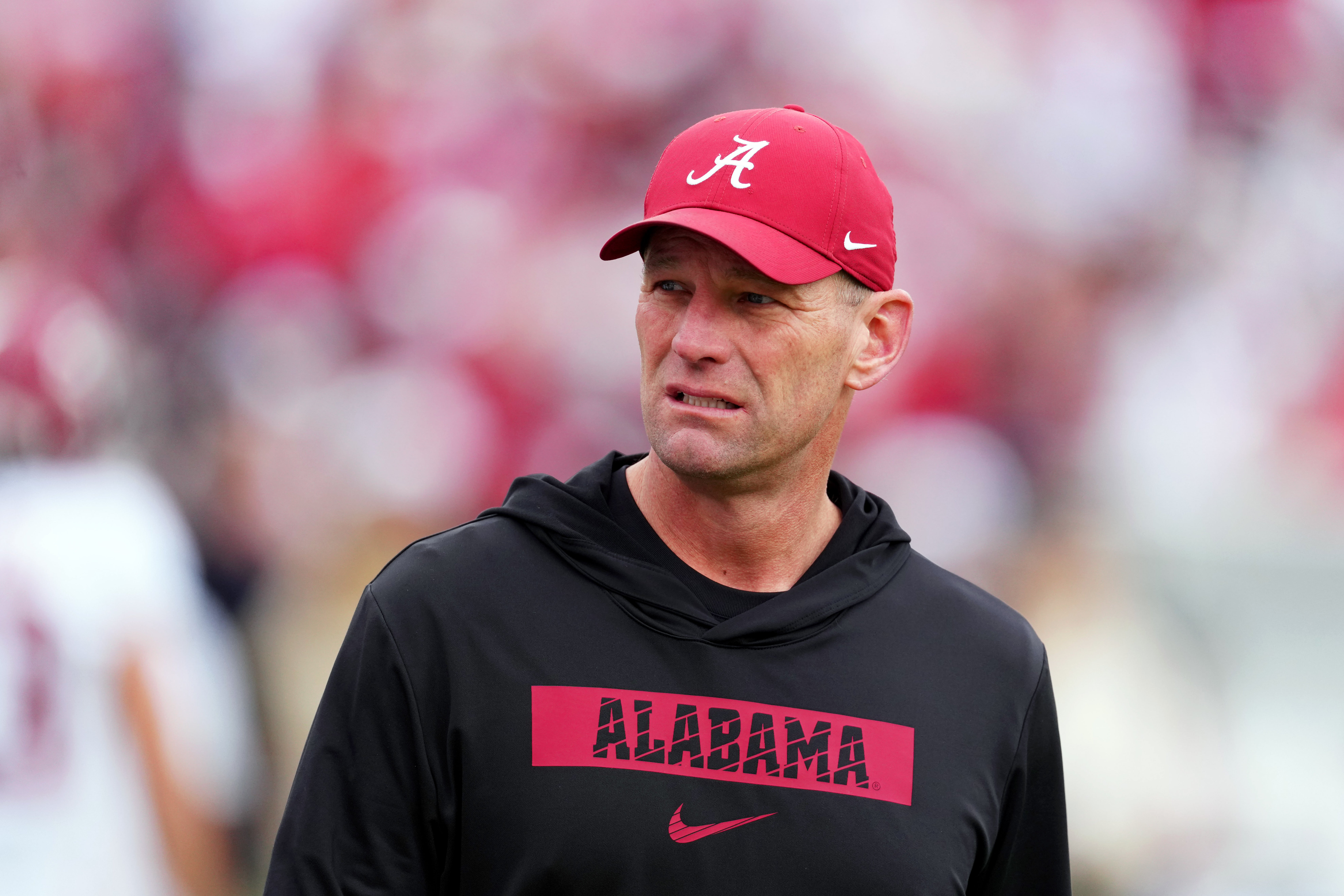 Jan 1, 2026; Pasadena, CA, USA; Alabama Crimson Tide head coach Kalen Deboer looks on before the 2026 Rose Bowl and quarterfinal game of the College Football Playoff against the Indiana Hoosiers at Rose Bowl Stadium.