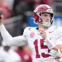 Jan 1, 2026; Pasadena, CA, USA; Alabama Crimson Tide quarterback Ty Simpson (15) passes against the Indiana Hoosiers in the first half of the 2026 Rose Bowl and quarterfinal game of the College Football Playoff at Rose Bowl Stadium.