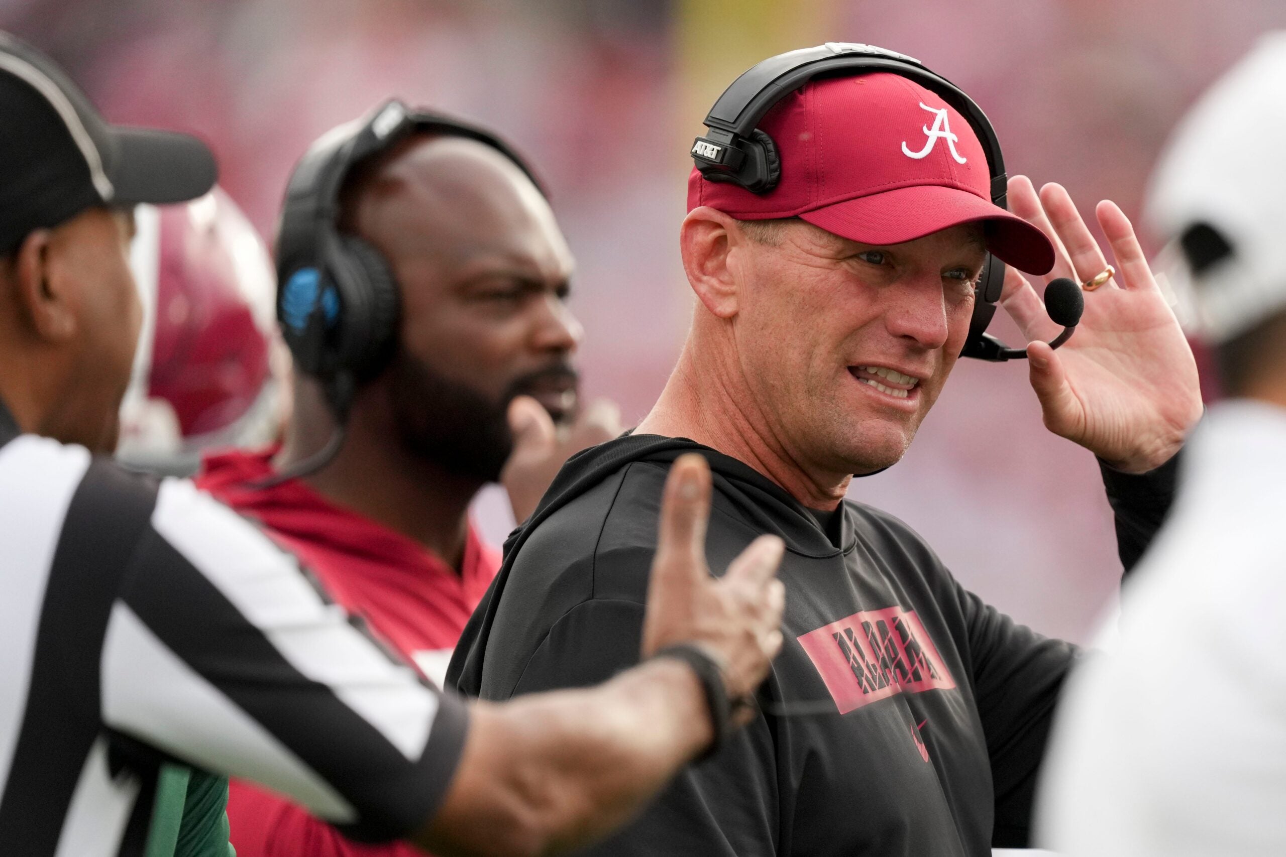 Alabama Crimson Tide head coach Kalen Deboer talks on the sideline Thursday, Jan. 1, 2026, during the Rose Bowl and quarterfinal game of the College Football Playoff against Indiana Hoosiers at Rose Bowl Stadium in Pasadena, Calif.