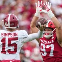 Alabama Crimson Tide quarterback Ty Simpson (15) throws the ball against Indiana Hoosiers defensive lineman Mario Landino (97) on Thursday, Jan. 1, 2026, during the 112th annual Rose Bowl game in Pasadena. Indiana Hoosiers defeated Alabama Crimson Tide, 38-3.