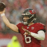 Jan 3, 2026; Tampa, Florida, USA; Tampa Bay Buccaneers quarterback Baker Mayfield (6) throws a pass against the Carolina Panthers in the first half at Raymond James Stadium.