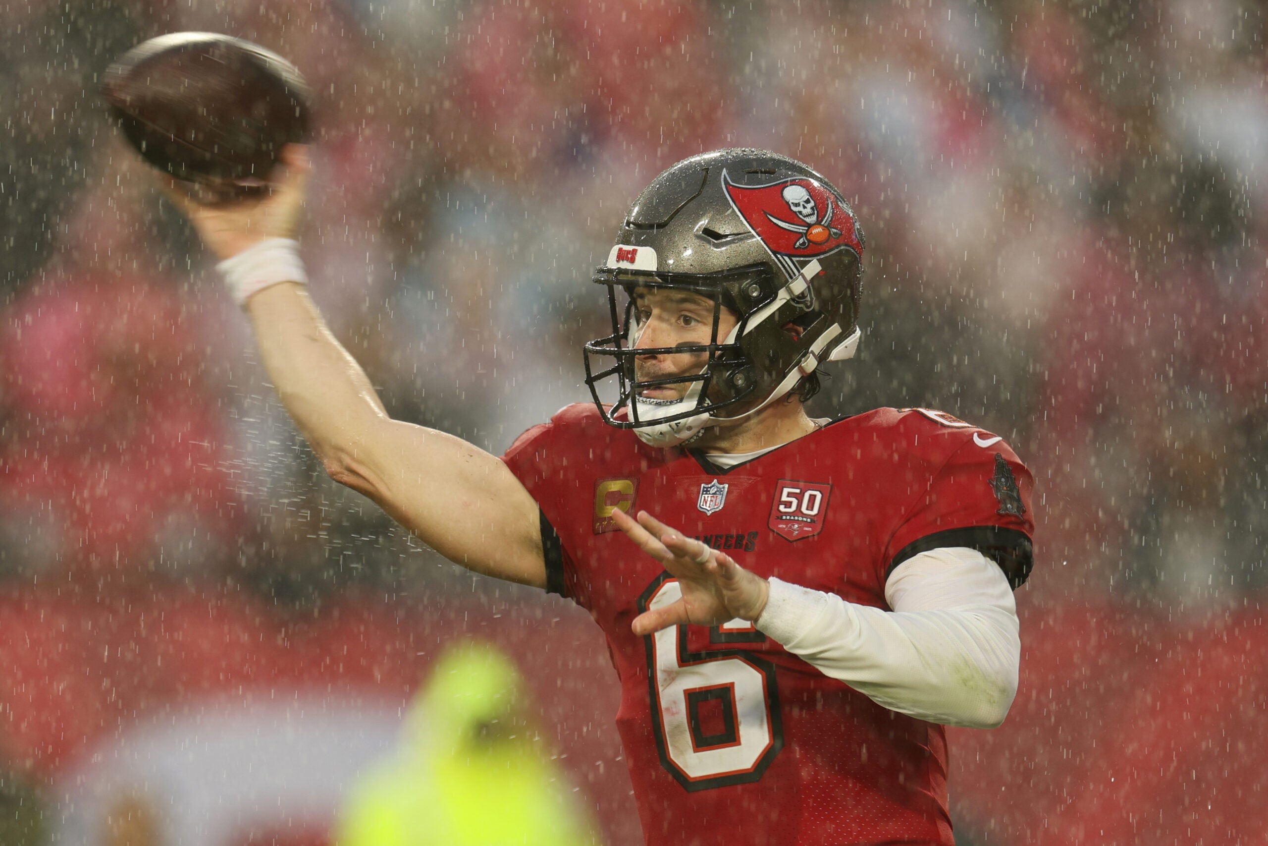 Jan 3, 2026; Tampa, Florida, USA; Tampa Bay Buccaneers quarterback Baker Mayfield (6) throws a pass against the Carolina Panthers in the first half at Raymond James Stadium.