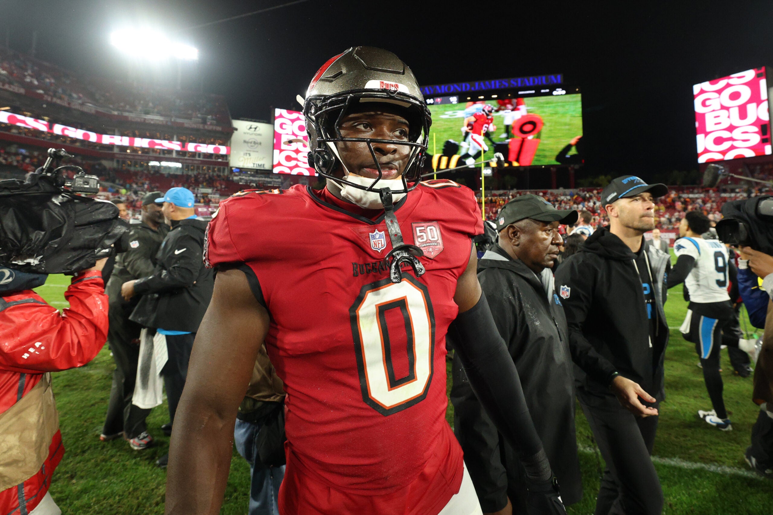 Jan 3, 2026; Tampa, Florida, USA; Tampa Bay Buccaneers linebacker Yaya Diaby (0) celebrates after defeating the Carolina Panthers at Raymond James Stadium.