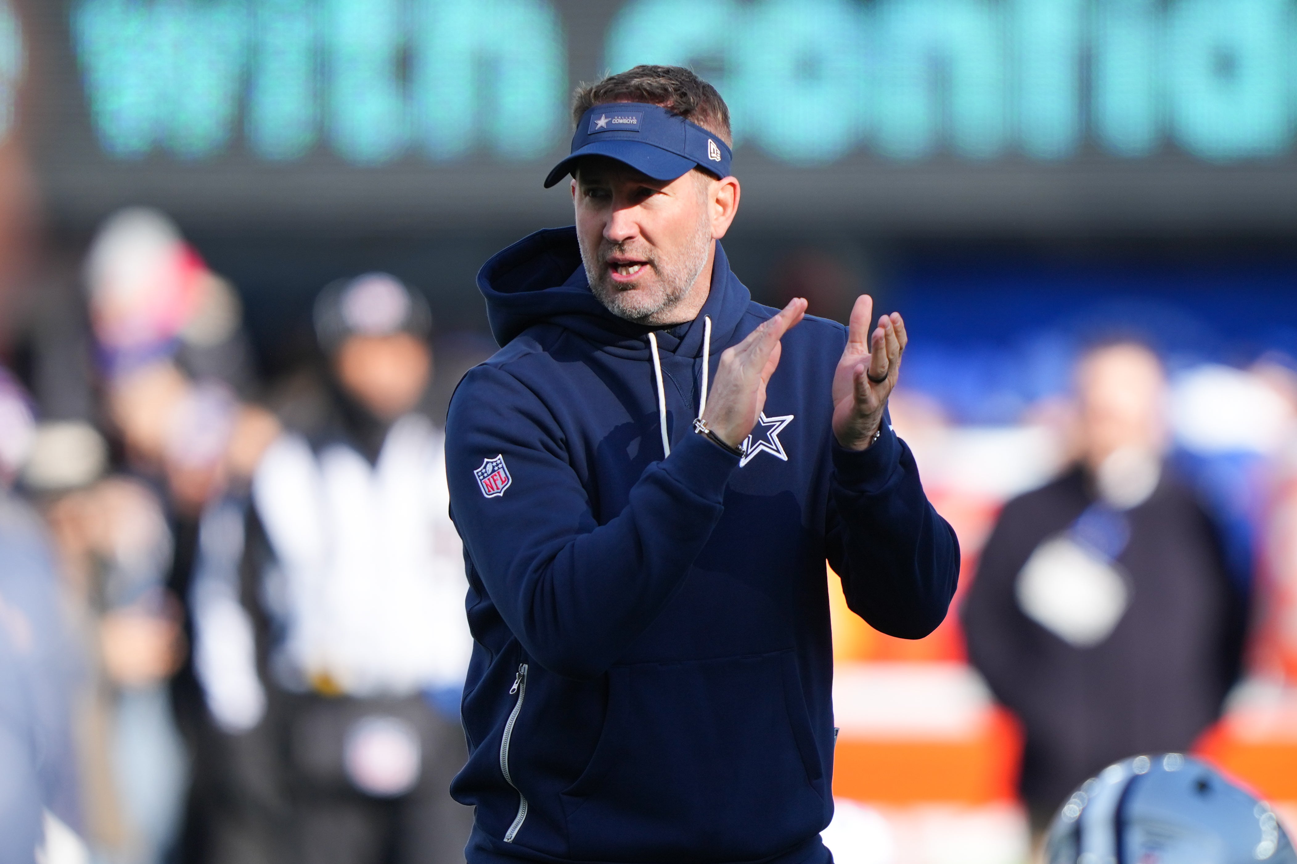 Jan 4, 2026; East Rutherford, New Jersey, USA; Dallas Cowboys head coach Brian Schottenheimer looks on before the game against the New York Giants at MetLife Stadium.