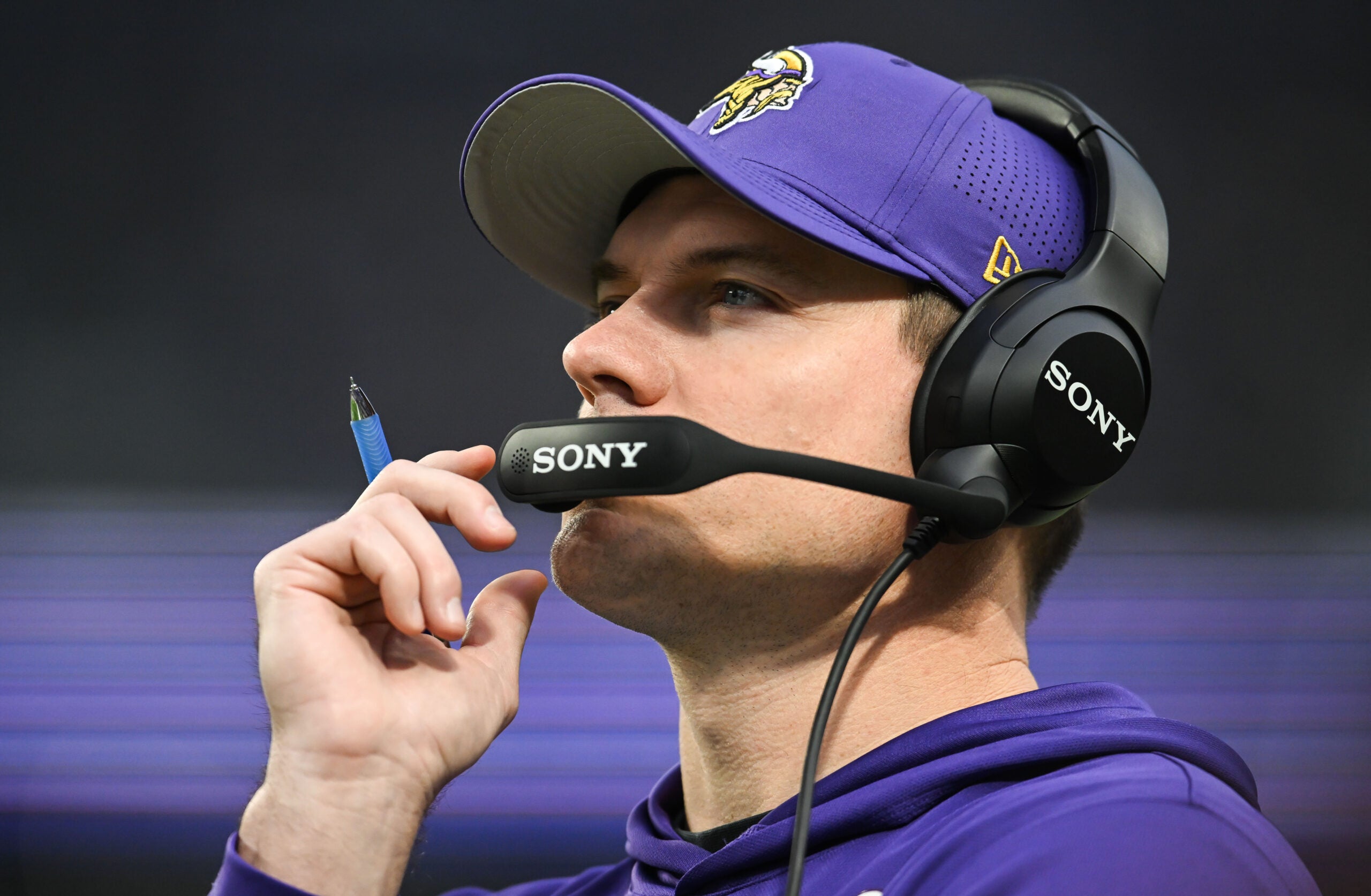 Jan 4, 2026; Minneapolis, Minnesota, USA; Minnesota Vikings head coach Kevin O'Connell looks on against the Green Bay Packers during the first quarter at U.S. Bank Stadium.