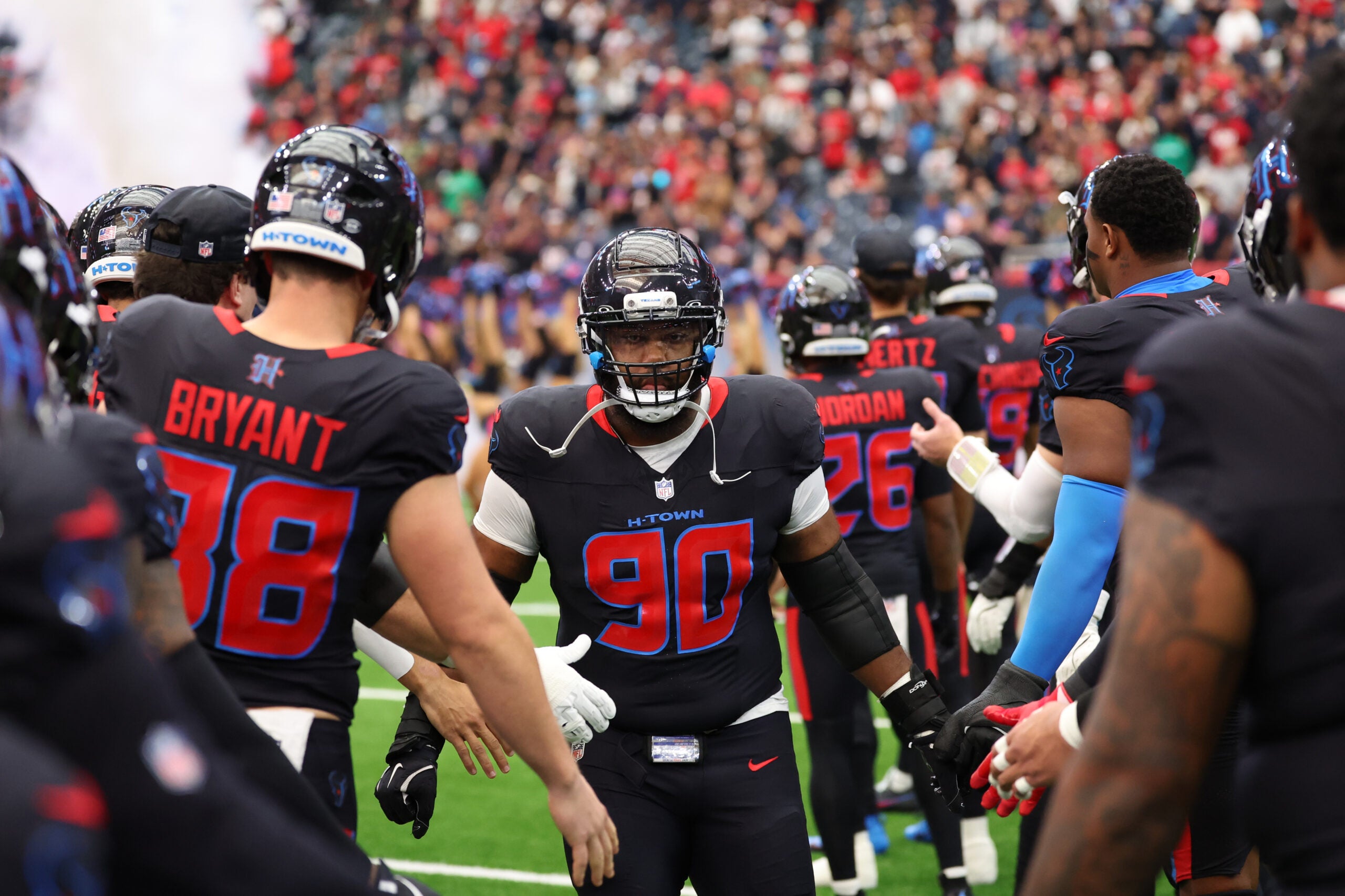 Jan 4, 2026; Houston, Texas, USA; Houston Texans defensive tackle Sheldon Rankins (90) takes the field prior to a game against the Indianapolis Colts at NRG Stadium.