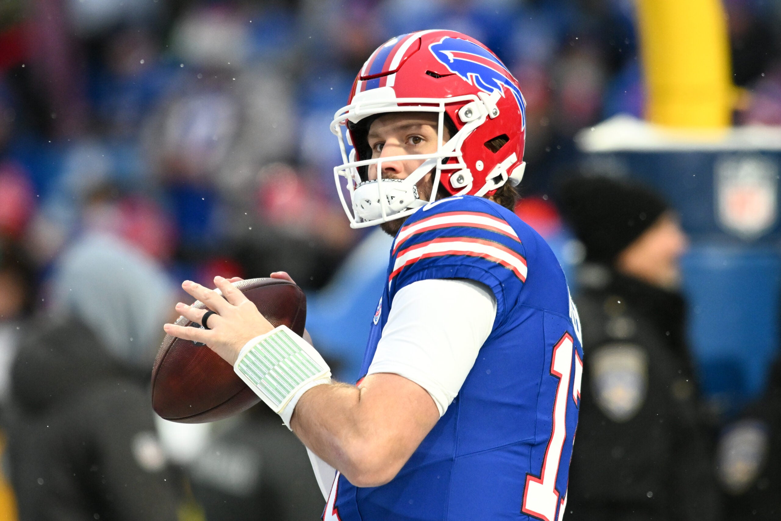 Jan 4, 2026; Orchard Park, New York, USA; Buffalo Bills quarterback Josh Allen (17) warms up before the game against the New York Jets at Highmark Stadium.