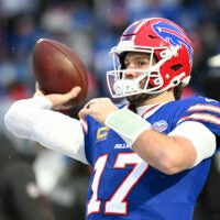 Jan 4, 2026; Orchard Park, New York, USA; Buffalo Bills quarterback Josh Allen (17) warms up before the game against the New York Jets at Highmark Stadium.