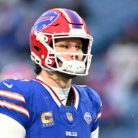 Jan 4, 2026; Orchard Park, New York, USA; Buffalo Bills quarterback Josh Allen (17) looks on during warmups before the game against the New York Jets at Highmark Stadium.