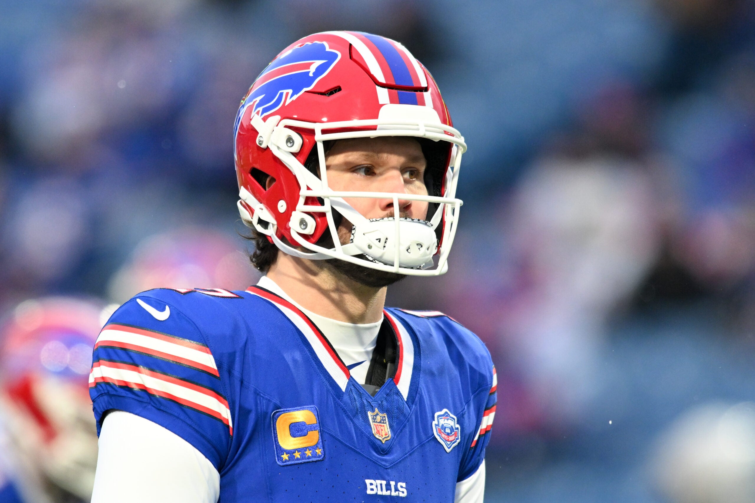 Jan 4, 2026; Orchard Park, New York, USA; Buffalo Bills quarterback Josh Allen (17) looks on during warmups before the game against the New York Jets at Highmark Stadium.