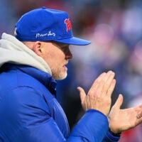 Jan 4, 2026; Orchard Park, New York, USA; Buffalo Bills head coach Sean McDermott looks on during warmups before the game against the New York Jets at Highmark Stadium.