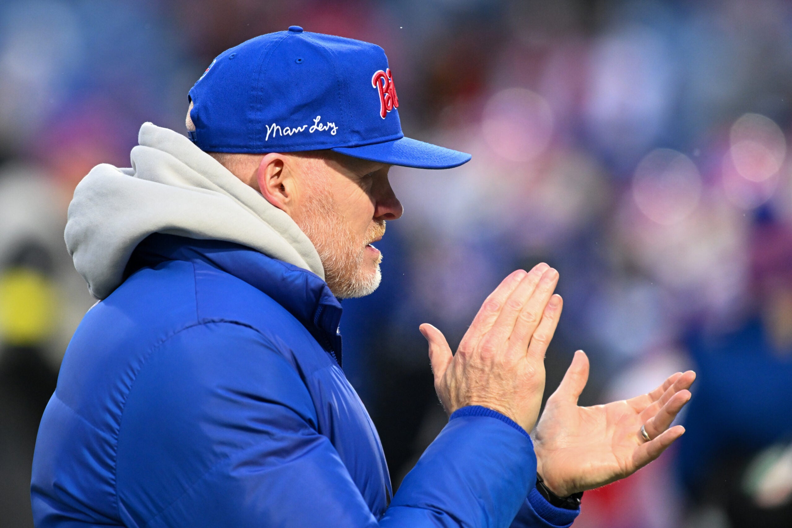 Jan 4, 2026; Orchard Park, New York, USA; Buffalo Bills head coach Sean McDermott looks on during warmups before the game against the New York Jets at Highmark Stadium.