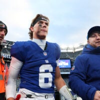 Jan 4, 2026; East Rutherford, New Jersey, USA; New York Giants quarterback Jaxson Dart (6) looks on after the game against the Dallas Cowboys at MetLife Stadium.