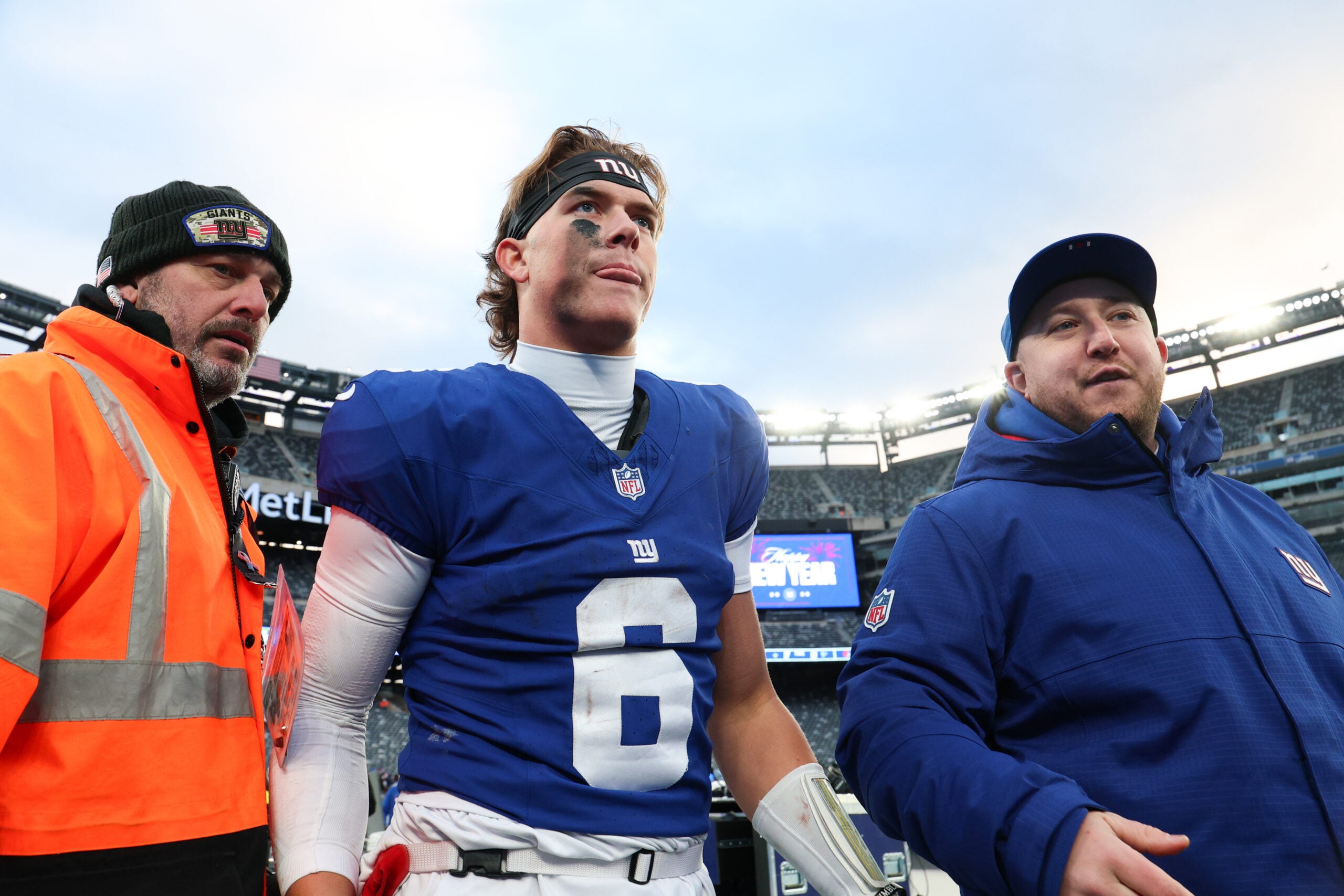 Jan 4, 2026; East Rutherford, New Jersey, USA; New York Giants quarterback Jaxson Dart (6) looks on after the game against the Dallas Cowboys at MetLife Stadium.