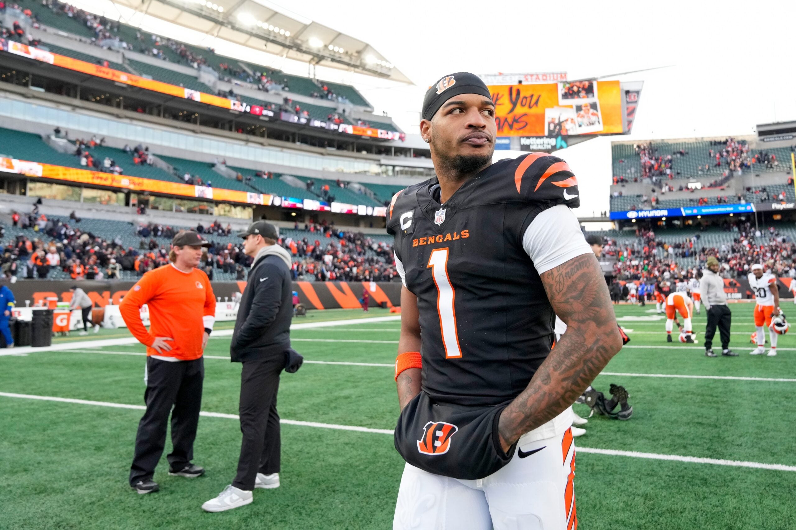 Cincinnati Bengals wide receiver Ja'marr Chase (1) walks for the locker room after the fourth quarter of the NFL Week 18 game between the Cincinnati Bengals and the Cleveland Browns at Paycor Stadium in Downtown Cincinnati on Sunday, Jan. 4, 2026. The Browns kicked a last second field goal to win 20-18.