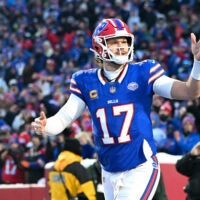 Jan 4, 2026; Orchard Park, New York, USA; Buffalo Bills quarterback Josh Allen (17) runs onto the field before the game against the New York Jets at Highmark Stadium.